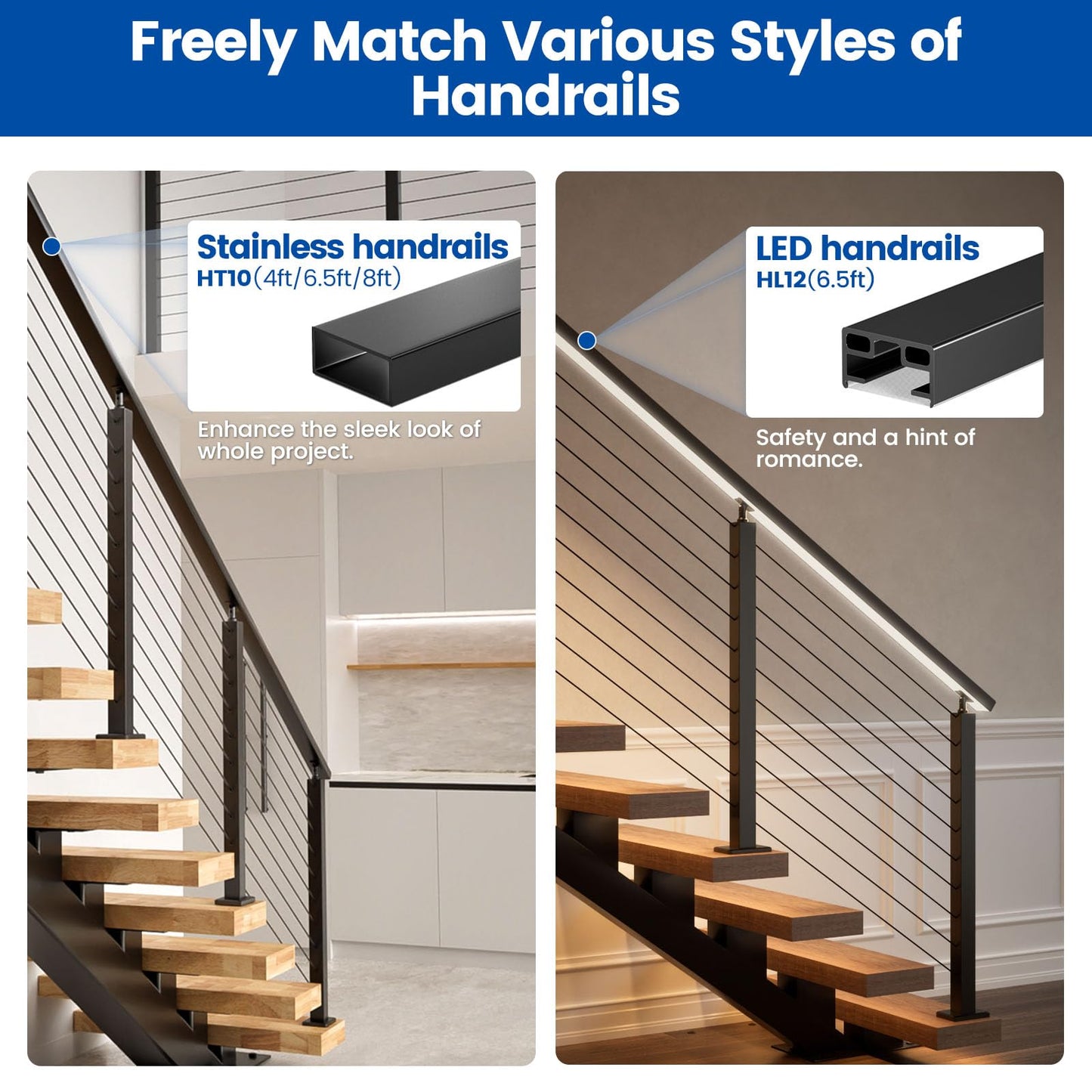 Muzata 8-12FT Modular Black Cable Railing Kit 36 Inch 3 Stair Post Kit Complete Set Cable Railing System for Stairs Length Adjustable Easy DIY with Paper User Guide (No Handrail) RW25