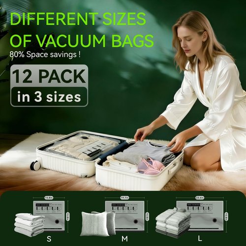CrazyFeb Vacuum Bags for Travel - USB Electric Pump, 12 Pack Carry-on Size Vacuum Seal Bags for Clothing - Space Saver Vacuum Storage Bags for Luggage, Travel Essentials.