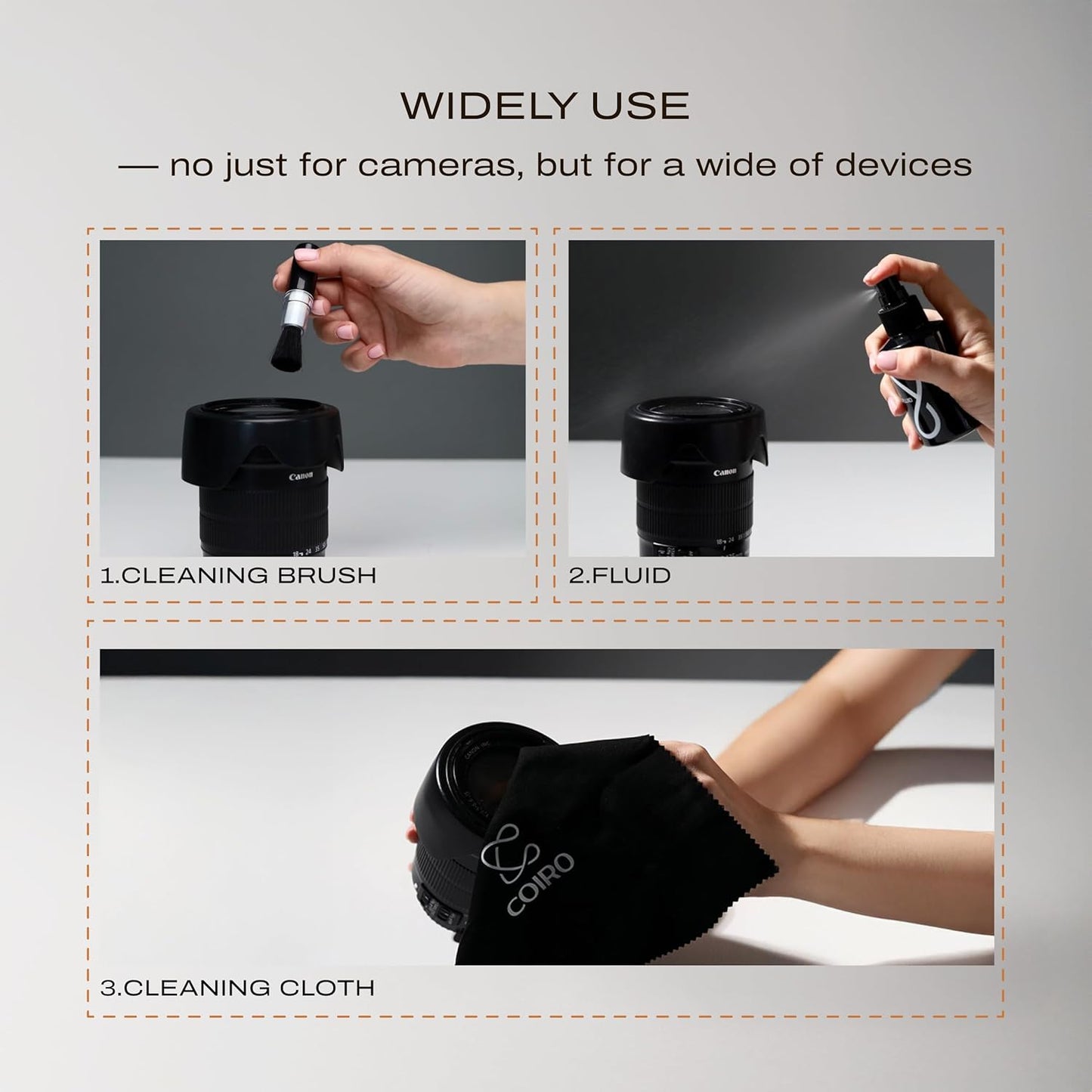 C Coiro 3in 1 100ml, Camera Lens Cleaning Kit Lens Cleaner Spray Soft Brush & Microfiber Cloth DSLR, Mirrorless Camera