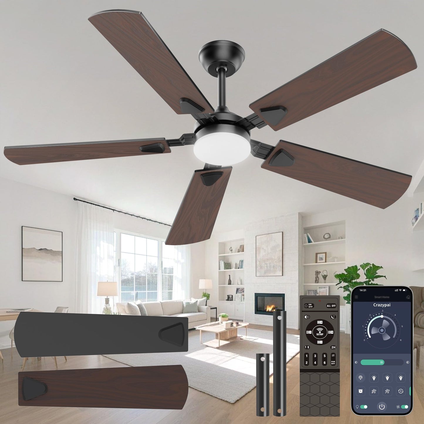 Crazypai Ceiling Fans with Lights, 52 Inch Modern Ceiling Fans with Lights and Remote Control, DC Reversible Motor, Noiseless, 3CCT, Ceiling Fan for Bedroom, Living Room, Apartment Indoor/Outdoor Use