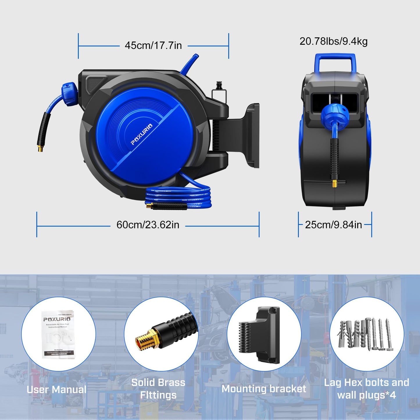 POXURIO 120FT+6.5FT Retractable Air Hose Reel, 5/16" Hybrid Air Hose, Air Compressor Hose Reel with Max 300 PSI Patented Design, Retractable Auto-Rewind Enclosed Heavy Duty 180° Swivel Mount