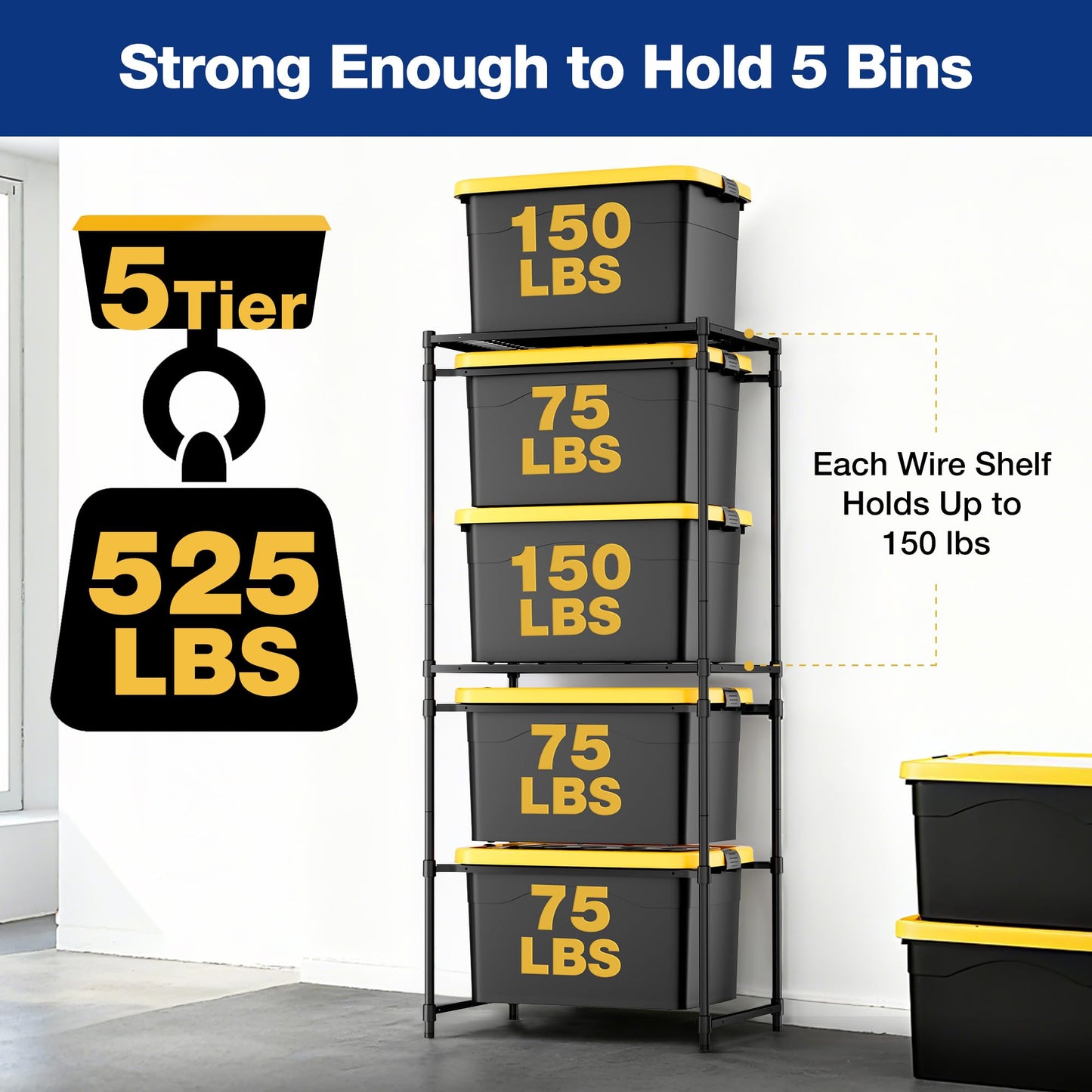 WORKPRO 5-Tier Tote Storage Rack, Heavy-Duty 27 Gallon Tote Storage Rack, 525 LBS Storage Bin Rack for Garage, Pantry, Kitchen, or Basement, Black, 30.5"x22.5"x69", 1 Pack