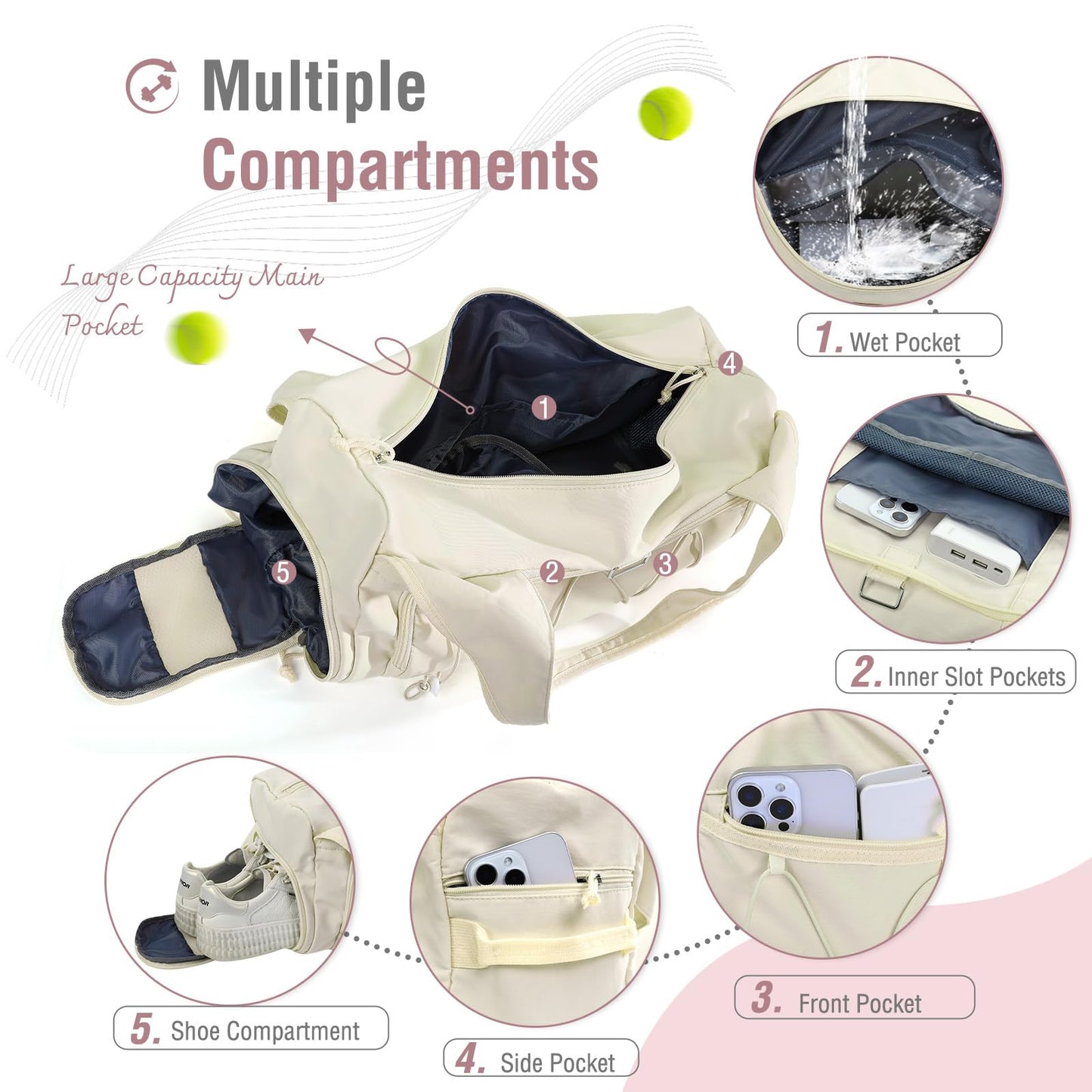 MOSISO Gym Bag for Women, Travel Duffle Weekender Overnight Workout Carry on Small Tote Sport Gym Duffle Bag with Shoe Compartment&Wet Pocket&Water Bottle Holder for Fitness, Yoga, Weekend, Beige
