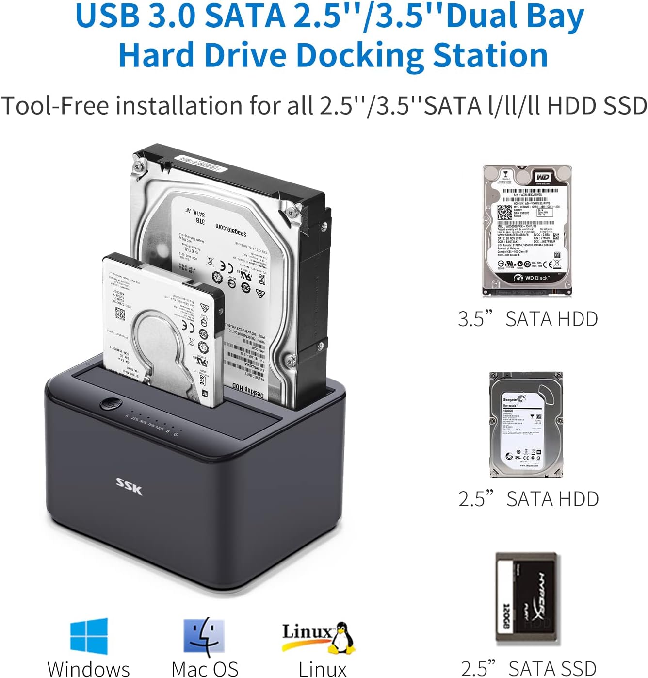 SSK 3.0 2.5 3.5 inch (2x20TB Aluminum Hard Drive Docking Station, USB to SATA Dual Bay External HDD Dock Caddy Reader