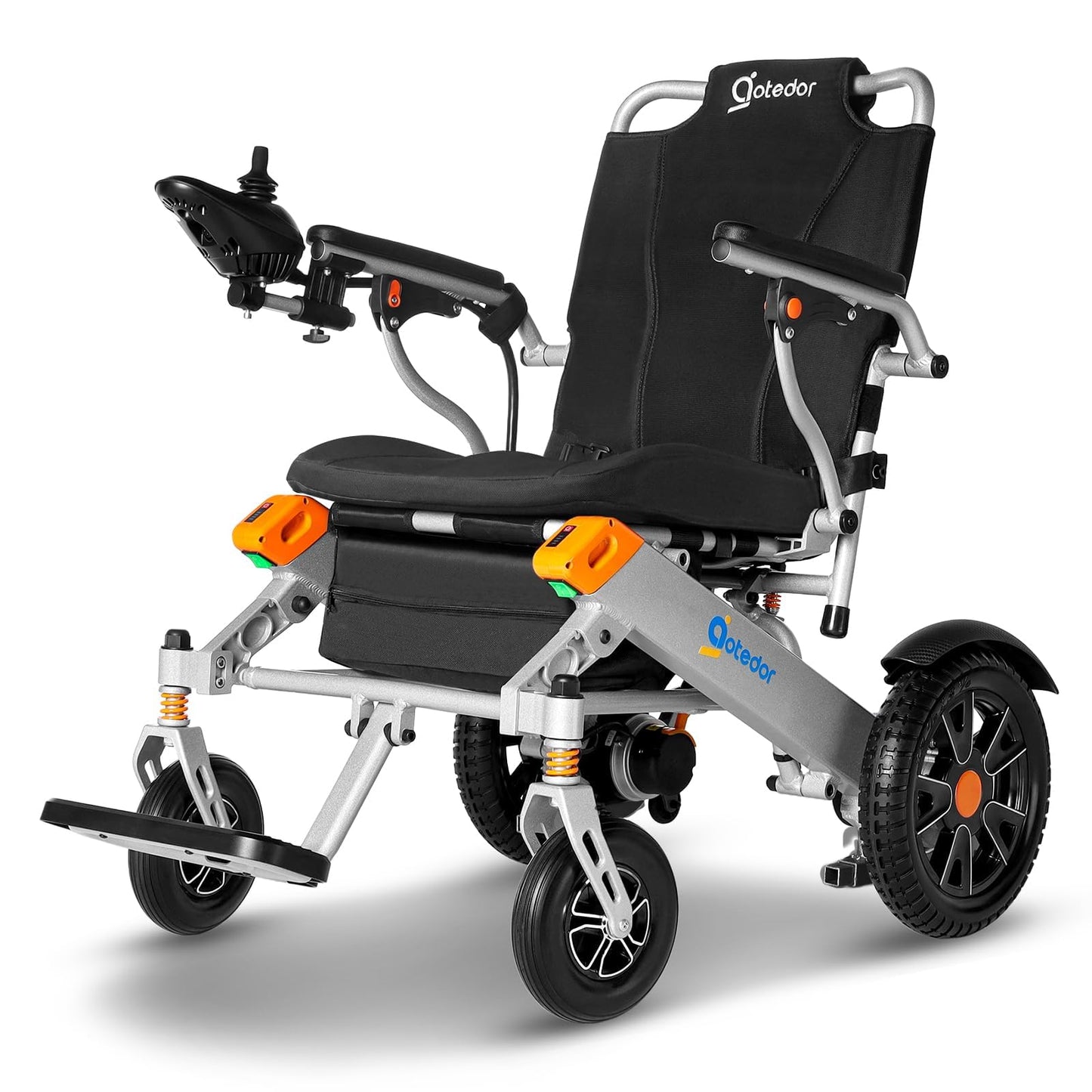 Aotedor Electric Wheelchairs for Adults,Equipped with 2 Packs Safe Side Slide-in Batteries 20 Miles Travel Range All Terrain Motorized Wheelchair for Seniors Airline Approved (Silver-Orange)
