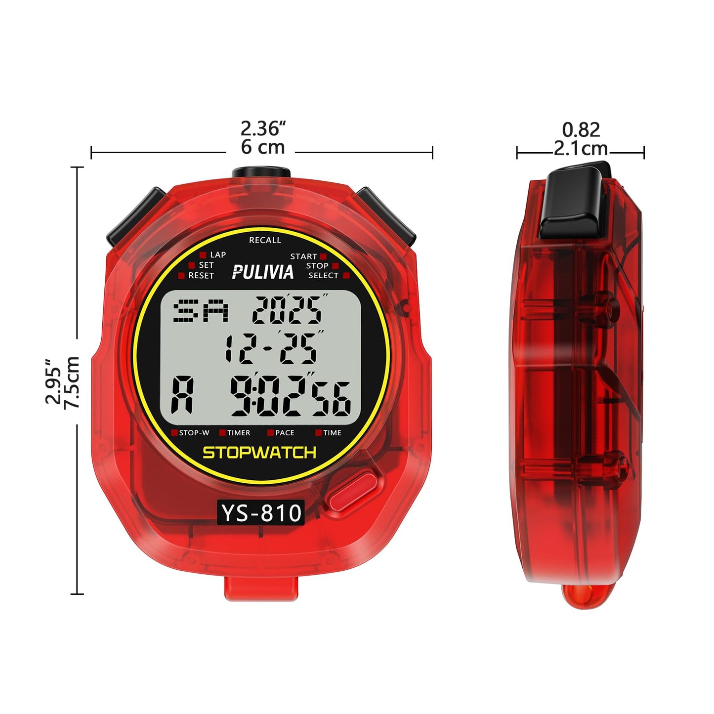 PULIVIA Stopwatch Timer 10 Splits/Laps Digital Stop Watch for Sports, Countdown Alarm Clock Date Memory Recall Large Display, Stopwatch for Coaches PE-Teacher Referee (red, 10 Splits/laps)