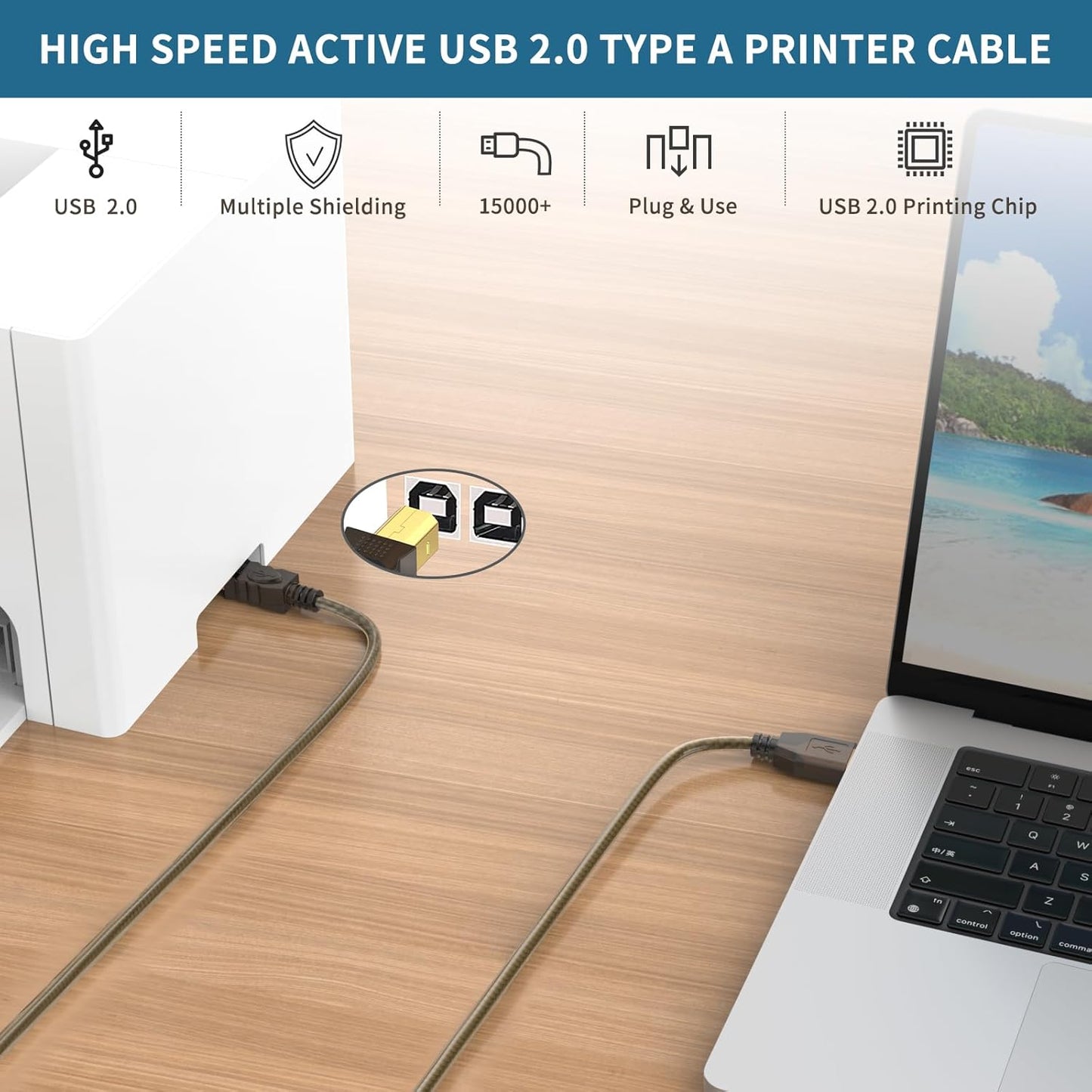 2.0 50ft USB Printer Cable - High Speed Active A to B Cord for Printers, Scanners, Fax Machines