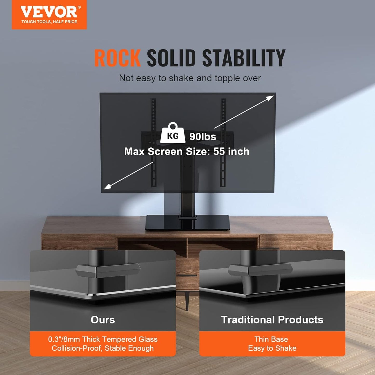 VEVOR 32-55 inch Universal TV Mount for TVs, Height Adjustable Swivel Stand with Tempered Glass Base for Bedroom