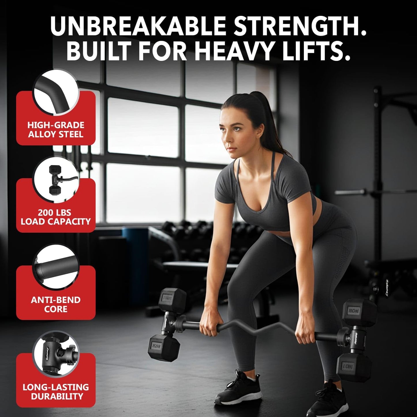 Dumbbell Barbell Converter Bar - Adjustable Dumbbell to Barbell Connector - Heavy Duty Steel Dumbbell Extension Bar with Secure Locking System - Non Slip Grip Handles - Home Gym Strength Training, 200 lb Capacity