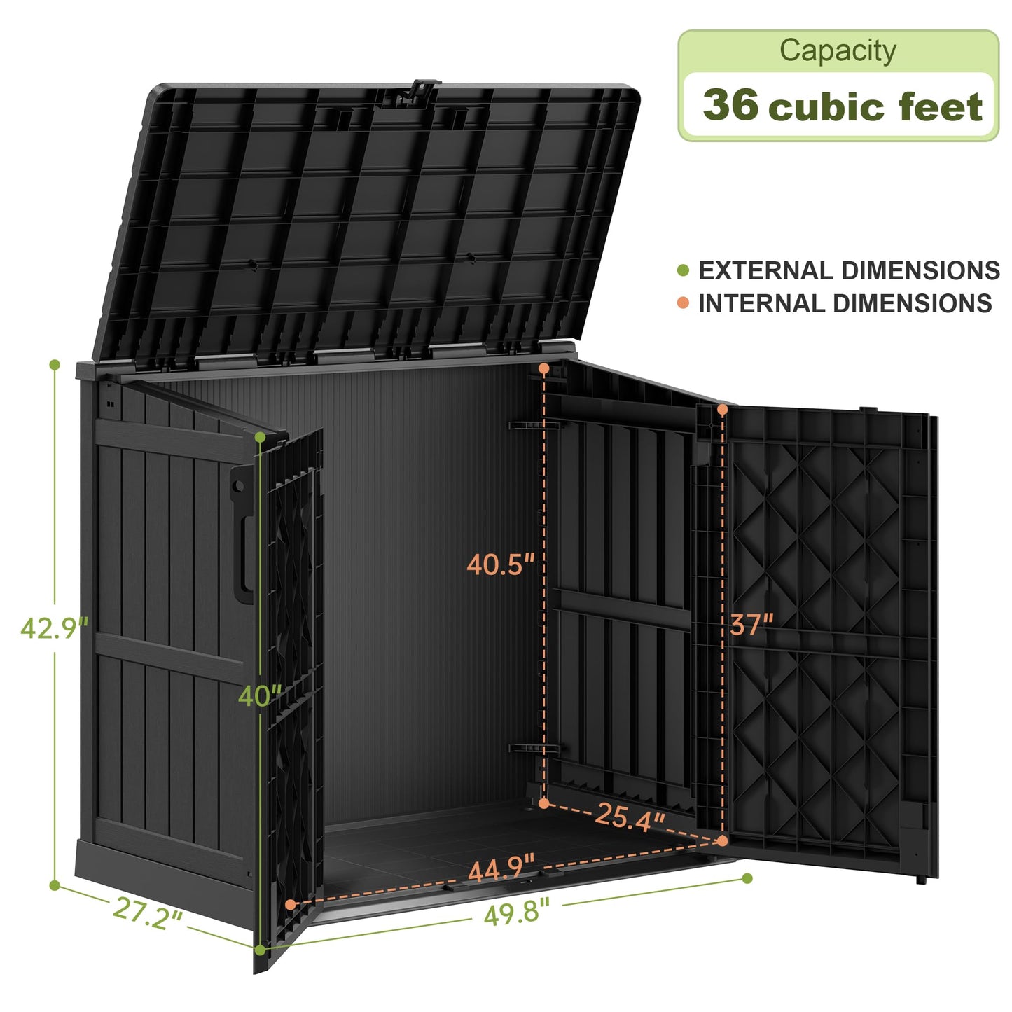WTFGO 36 Cu Ft Resin Outdoor Storage Shed, Weatherproof Horizontal Outdoor Storage Cabinet with Dual Lock Door for Backyard, Patio, Garage, Garden(Black)