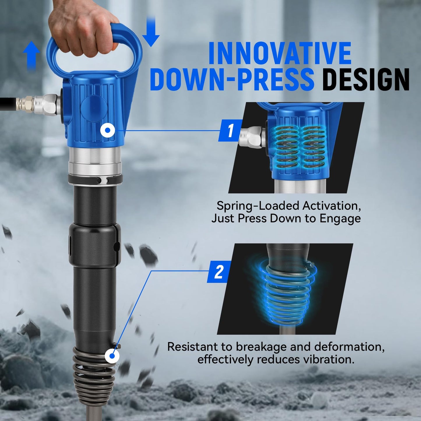 Newhai Pneumatic Hammer Shovel 46J Heavy-Duty Air Chisel Industrial Demolition Jack Hammer 55CFM 90 PSI with 2 Chisels for Concrete Metal Building Construction