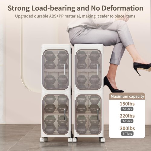 KHNR 4-Tiers Slim Bathroom Storage Cabinet, Foldable Storage Cabinets,Narrow Bathroom Storage,Movable Bathroom Storage Organizer for Small Spaces,Bathroom,Kitchen,Laundry,White
