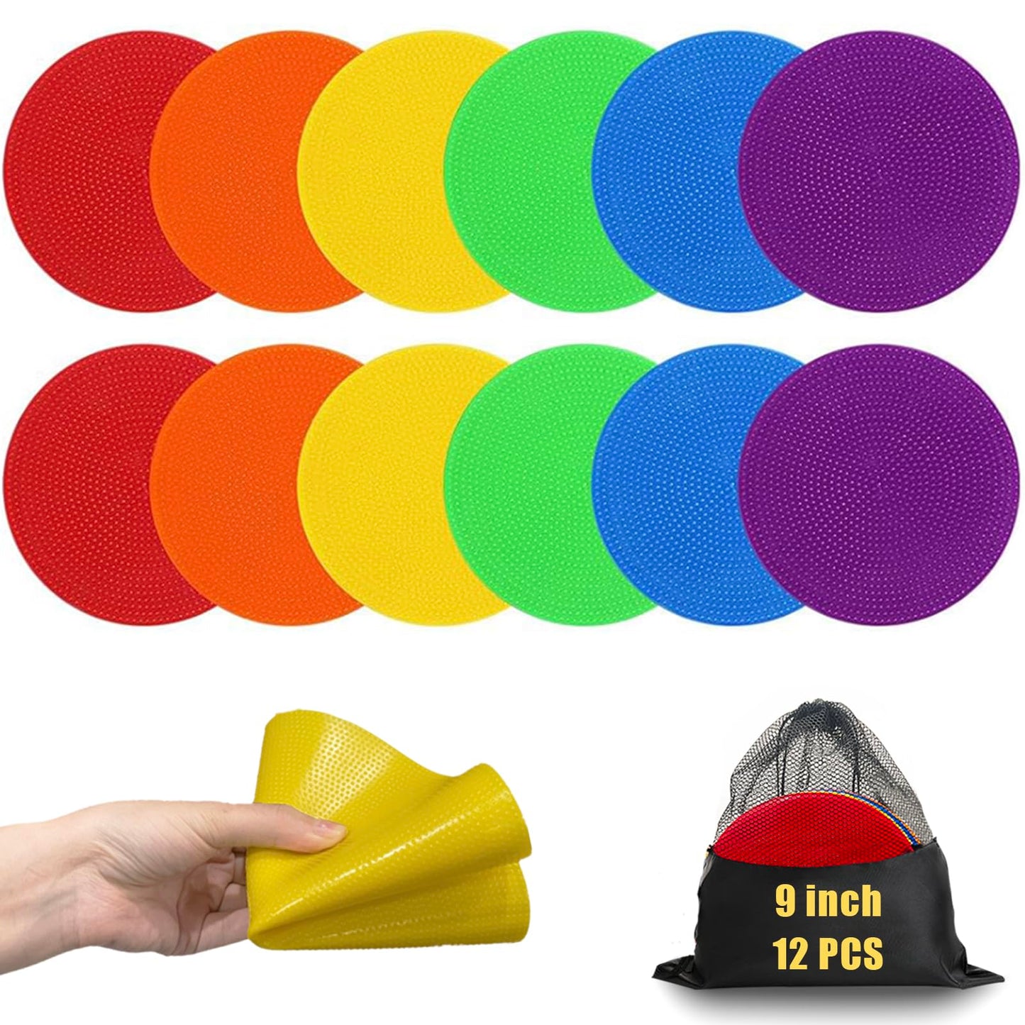 MIVERYEA Spot Markers for Sports 9 Inch, 12 Pack, Non Slip Rubber Agility Poly Spots Marker Field Flat Cone for Kids Soccer Basketball Speed Training Outdoor Classroom