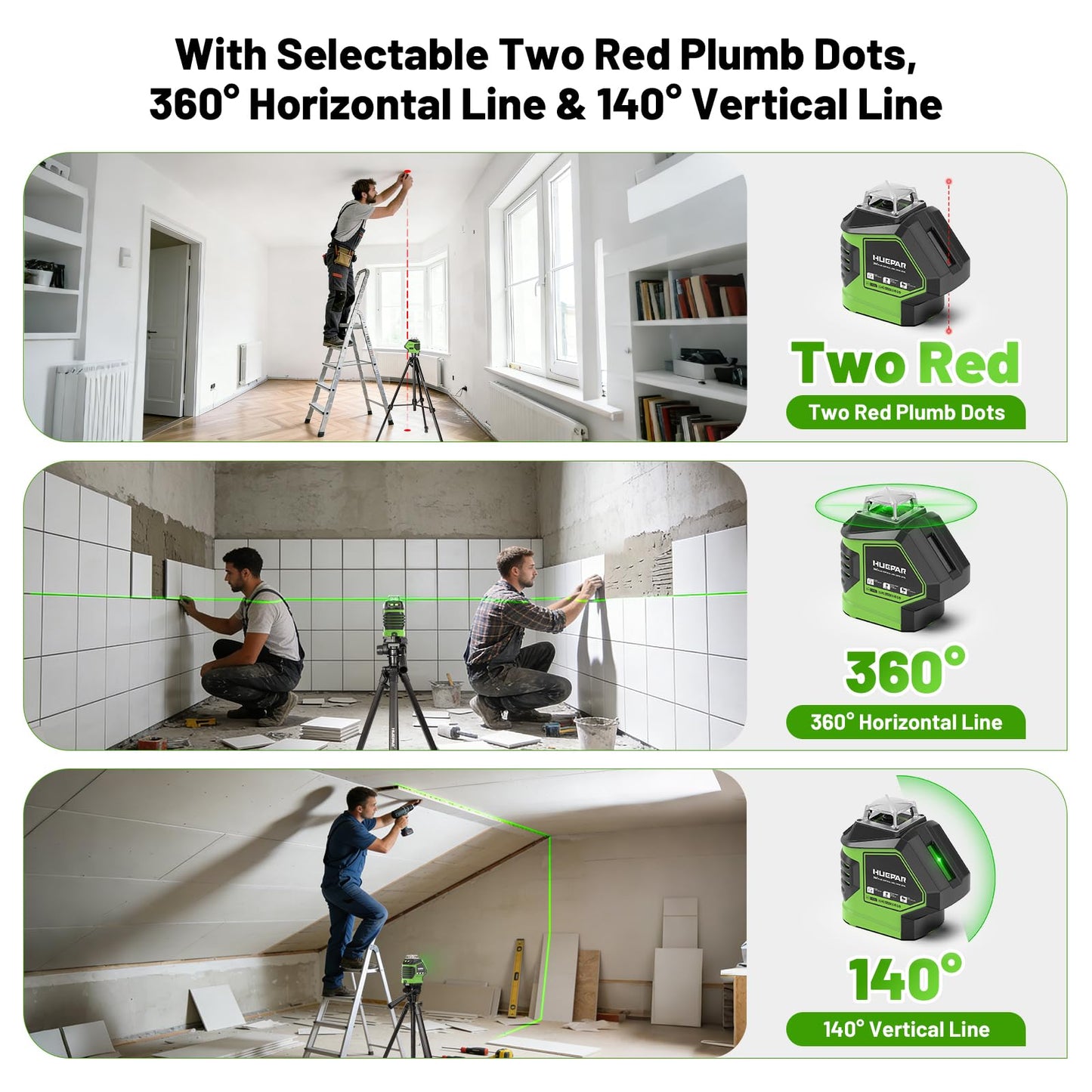 Laser Level with Tripod 60 Inch, Huepar Self Leveling Laser Level with 2 Plumb Dots -Green Cross Line Laser Leveler Tool with 360° Horizontal and 140° Vertical Line for Construction & Home Use 621CGT