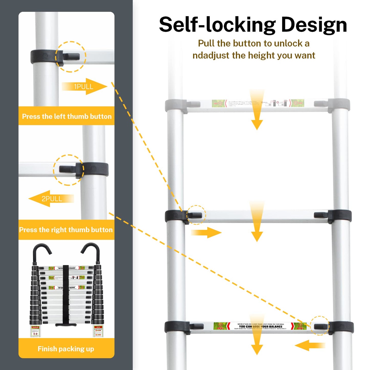 RIKADE Telescopic Ladder, 16.5 ft Aluminum Telescoping Ladder with Stable Hook and Non-Slip Feet, Portable Extension Ladder for Household and Outdoor Working, Max Load 330 lb, Aluminum