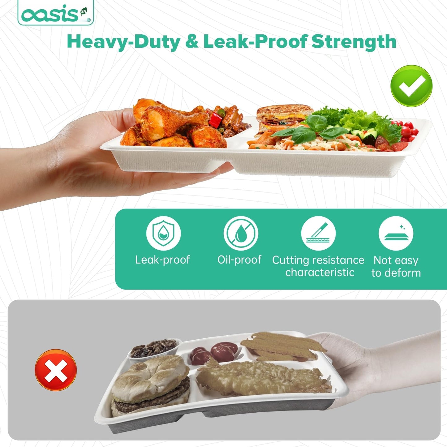 OasisSN 10x8 128-Pack 5-Compartment Divided Plates, Ideal for Light Meals, Kids Lunch, Meal Prep & Party, Heavy Duty Compostable Bagasse Plates, Microwave Safe, White