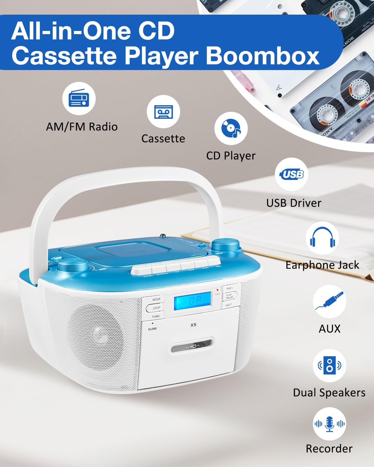 Gelielim Cassette Cassette AUX/TF/USB/MP3 Portable CD and Player Combo - Tape Player Boombox with AM FM Radio, Boom Box