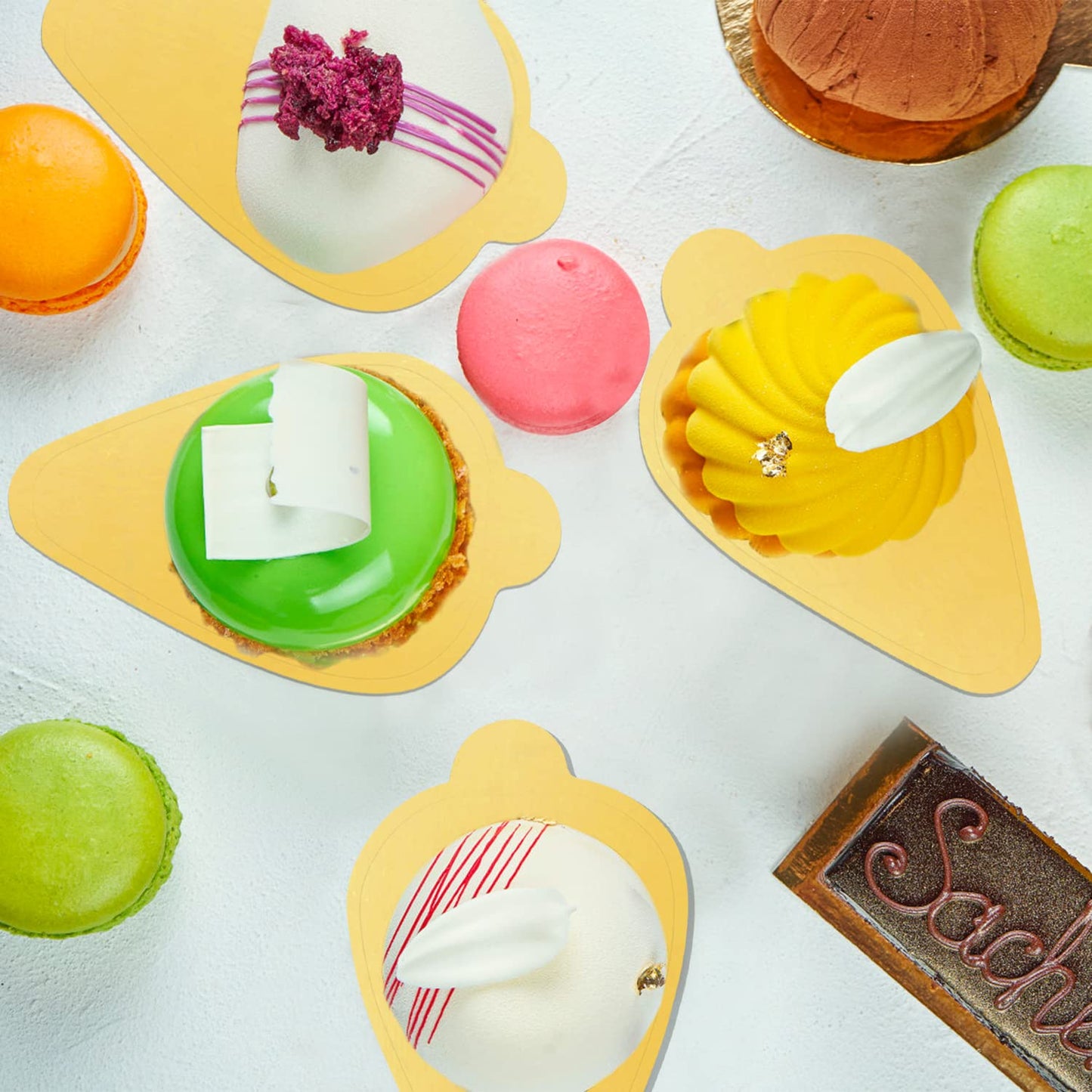 200 Pcs Mini Cake Boards, Golden Paper Mousse Boards Mini Bases Cupcake Dessert Displays Tray Cardboard Pastry Base - Grease Proof & Moisture Resistant (Rectangular Cake Board)