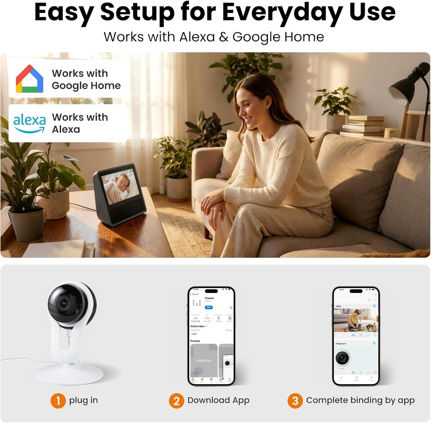 woomo 2 Pack 2K 2-Way Setup 2.4G Indoor Camera for Pet & Baby Monitoring, Clear View, Motion Alerts & Night Vision
