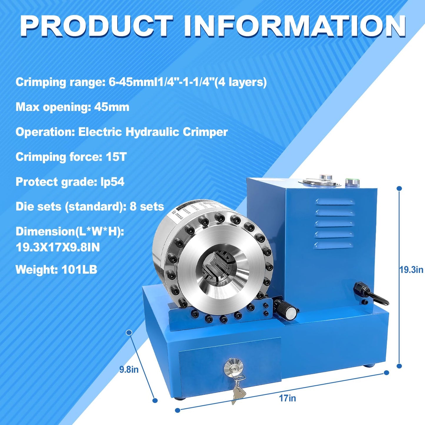 Electric Hydraulic Hose Crimper with 8 Dies, Portable Crimping Machine for1/4" to 1" Hose, High Pressure Electric Crimping Tool for AC Lines, Automotive, Excavators, Agricultural Equipment Blue
