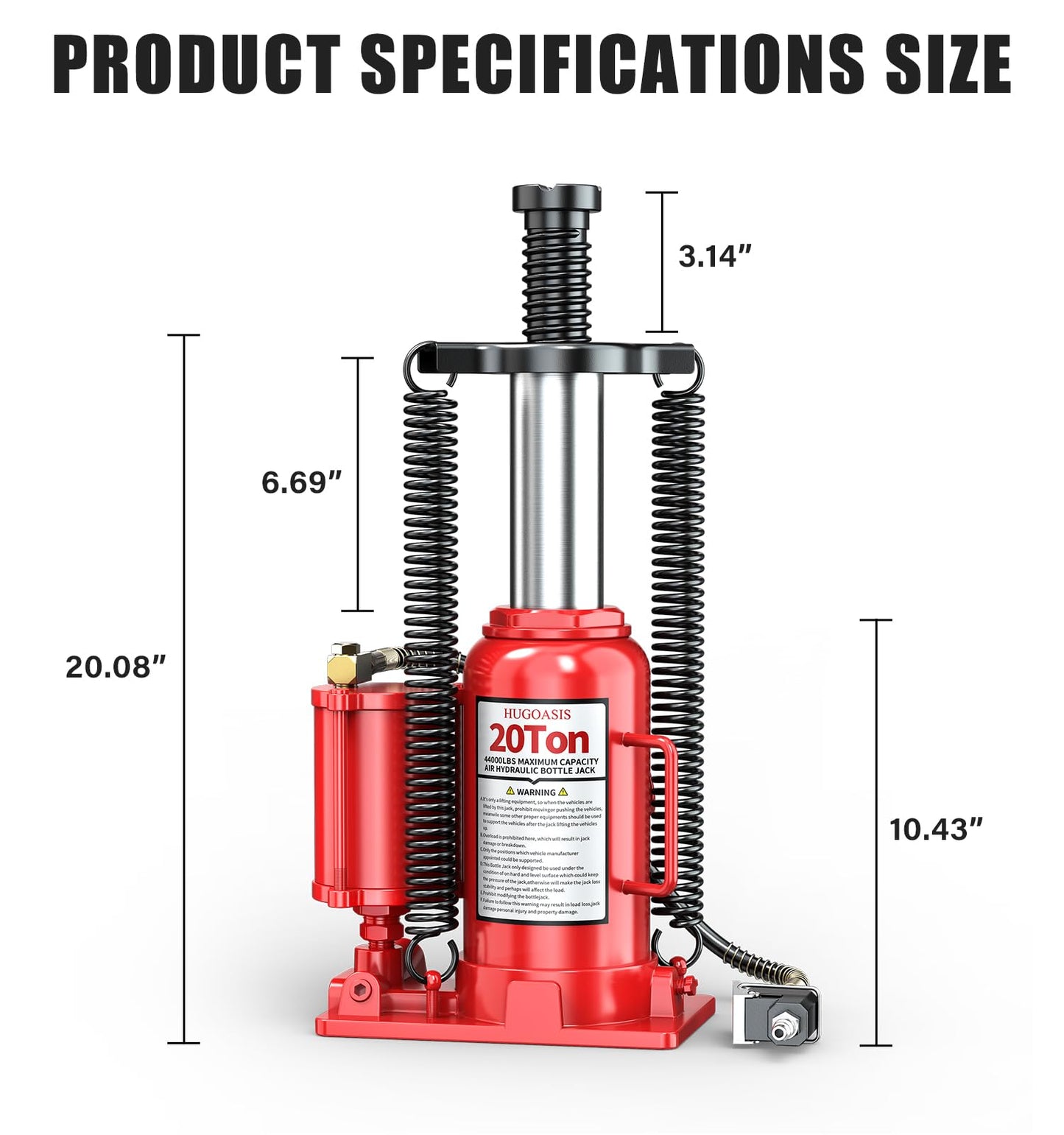 HUGOASIS 20 Ton Air Hydraulic Bottle Jack, 10-3/8" to 20-1/16" Lift Range, Manual and Air Pump Dual Operation, for Car, Auto Repair, Truck, Industrial Engineering