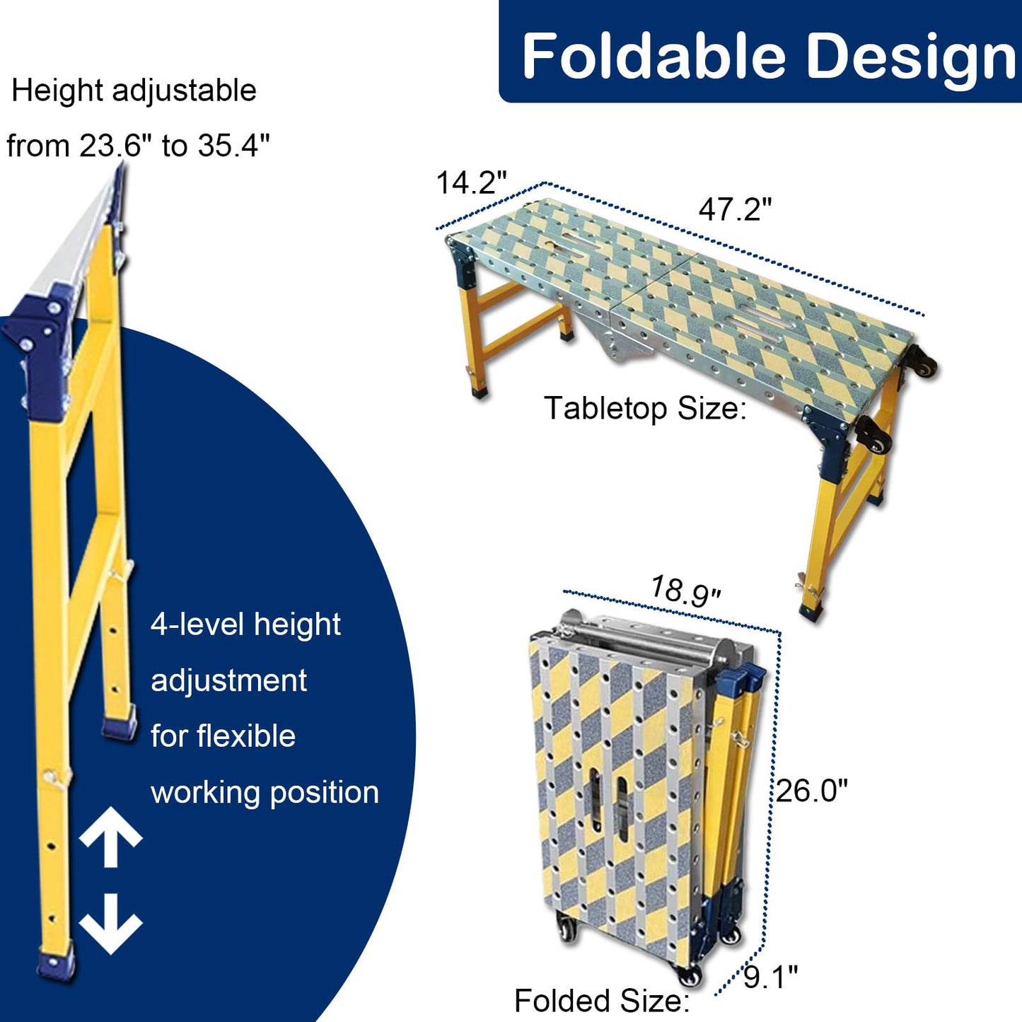 Portable Welding Table Work Bench 1102 LBS Load Capacity Versatile Steel Folding Work Table,Height 23 to 35 inches Adjustable with Wheels Non-Slip Mat Scaffolding