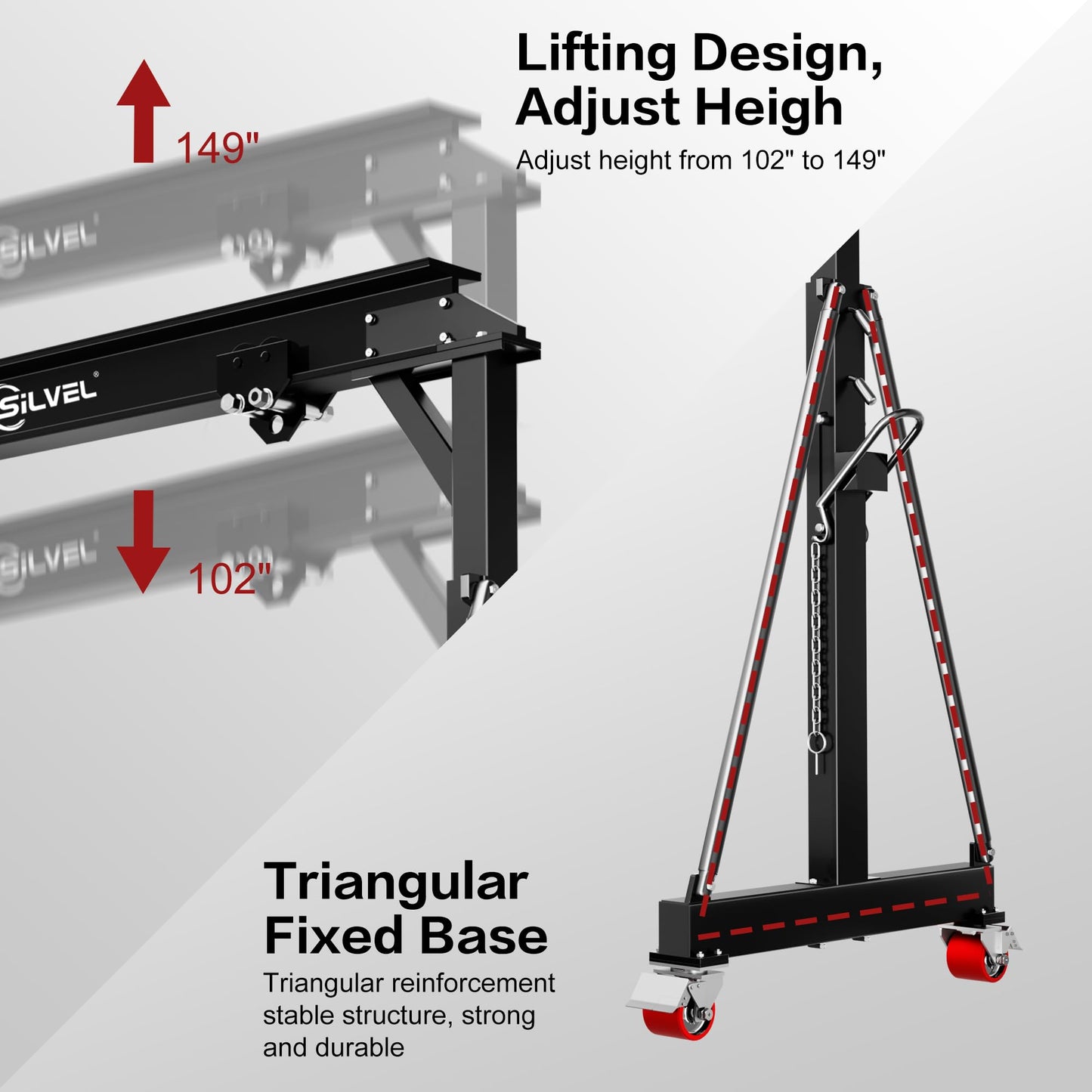SILVEL 3 Ton Gantry Crane, Max 6600Lbs 8.53FT Maximum Working Width, Adjustable Height 8.53-12.47FT, Portable Shop Lift Hoist with 3 Ton Manual Trolley for Factories, Warehouses, Garage,Black