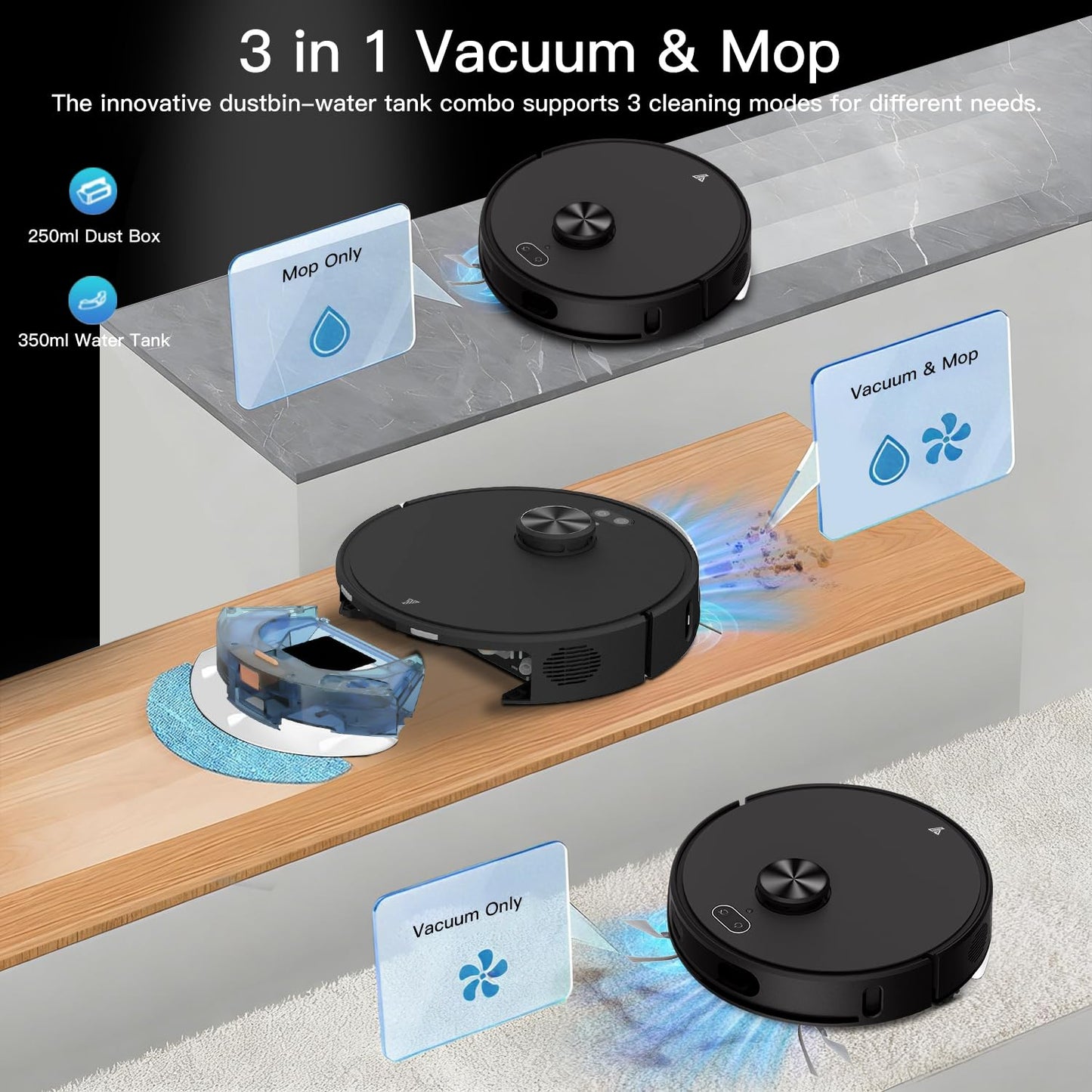 Robot Vacuum and Mop Combo,Up to 8000Pa Suction,Robot Vacuum Self-Emptying,70-Day Hands-Free Cleaning 220 Min Runtime LiDAR Navigation, Home Mapping, Ideal for Pet Hair, Hard Floors, Carpet-Black