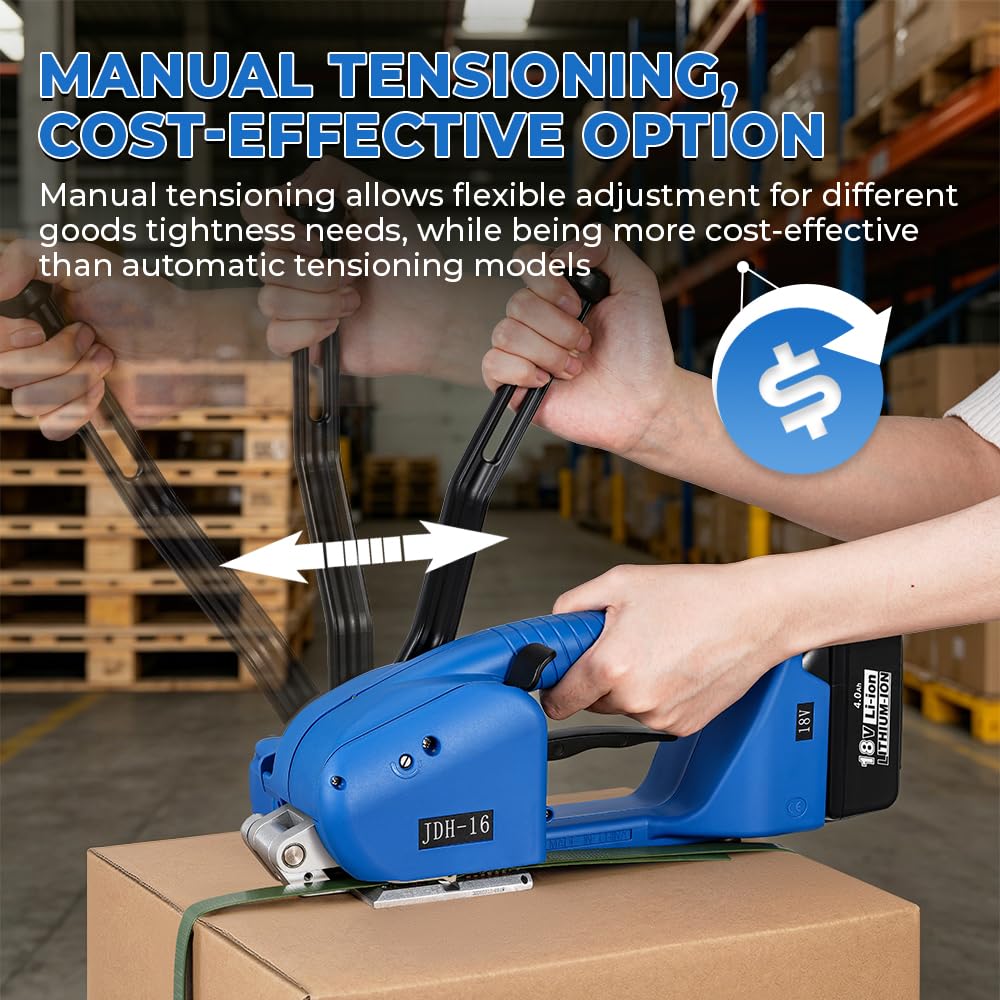 Flyrivergo Semi-Automatic Eletric Strapping Machine, 4000mAh x 2 Battery Automatic Strapping Tool Banding Machine for 1/2"-5/8" PP&PET Straps Tensioner Kit for Warehouse Pallet & Box Packaging