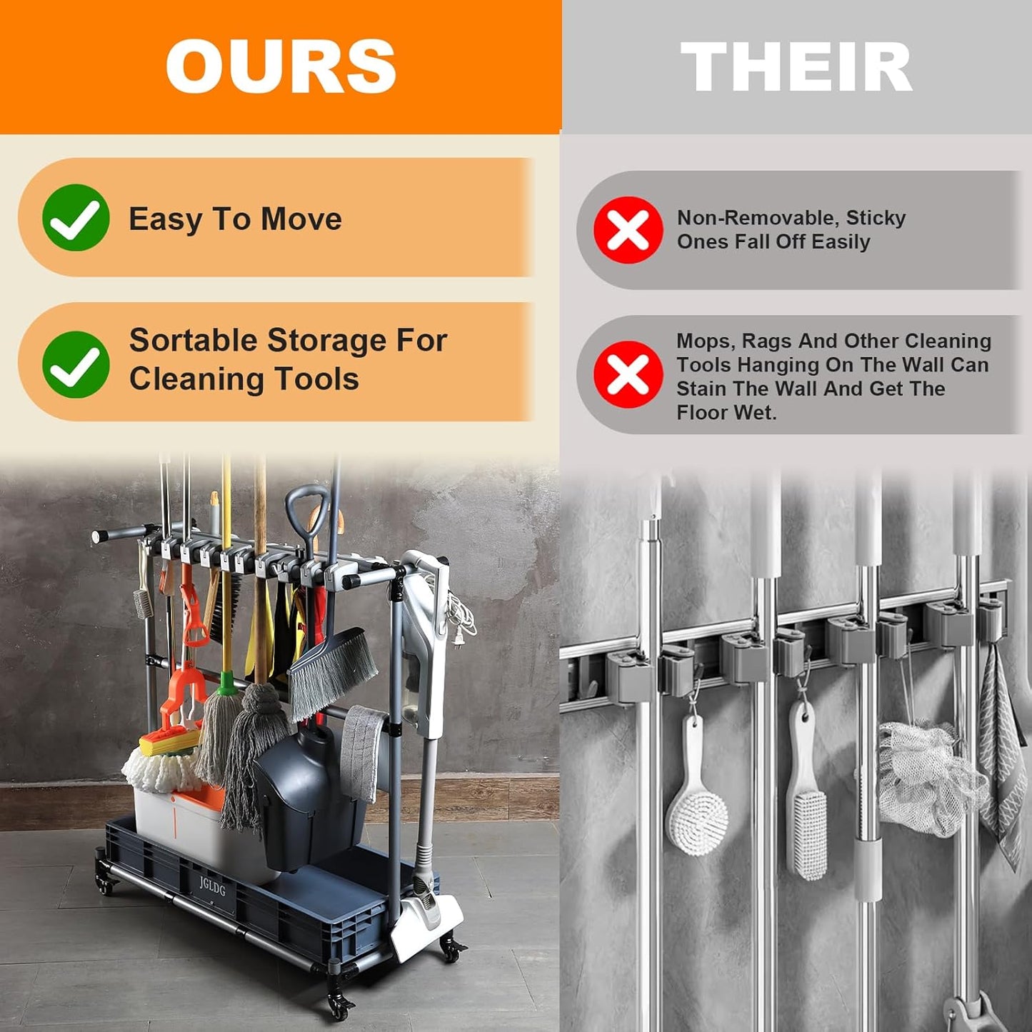 Skiennix Mop and Broom Holder with Wheels - Effortlessly Organize Your Cleaning Tools (Large)