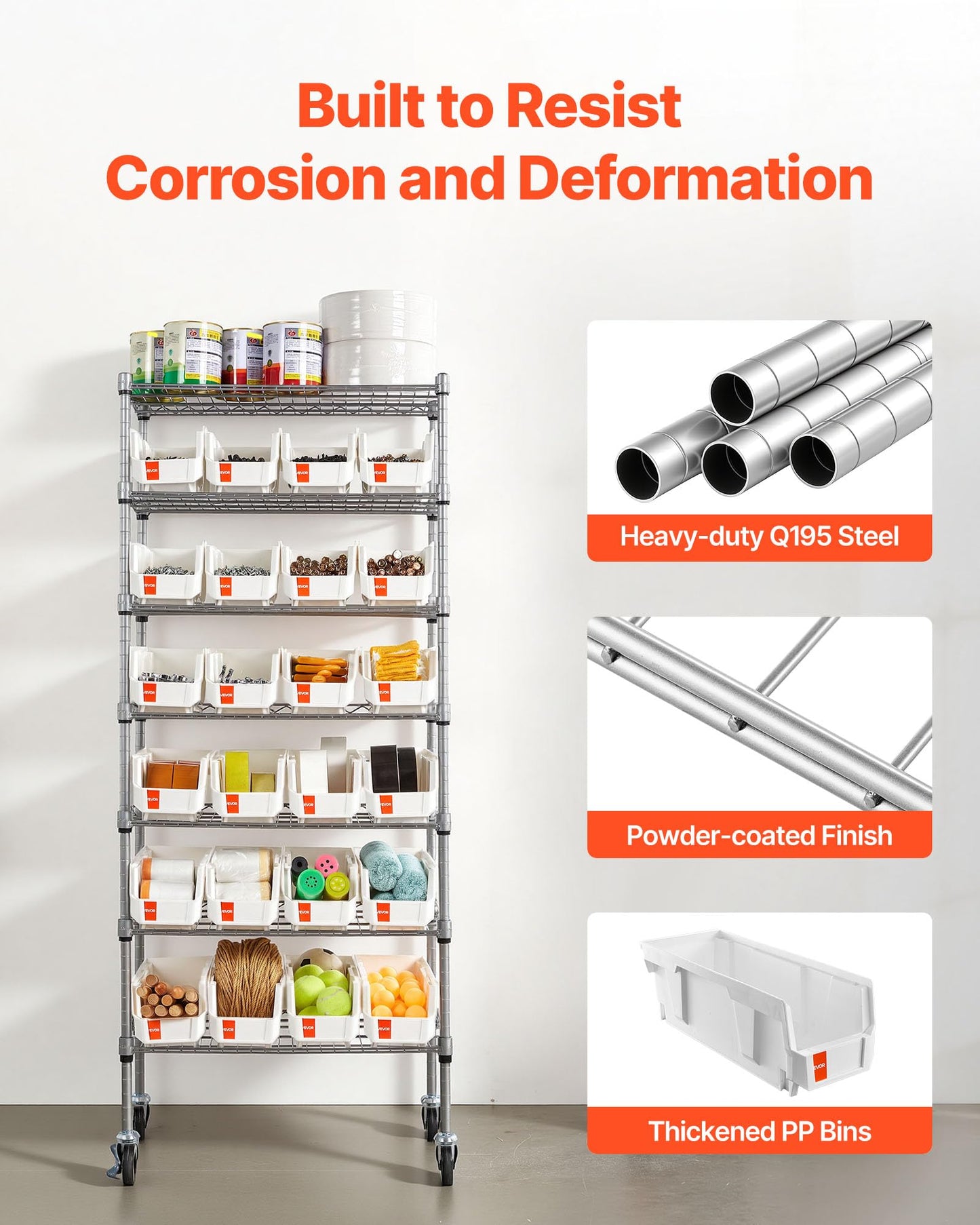 VEVOR 7-Tier Rolling Bin Storage Rack, 24 Small Bins, Bin Rack Storage Steel Wire Shelving System with Wheels, Mobile Tool Organizer for Garage, Warehouse, Office, Restaurant, Classroom, Kitchen