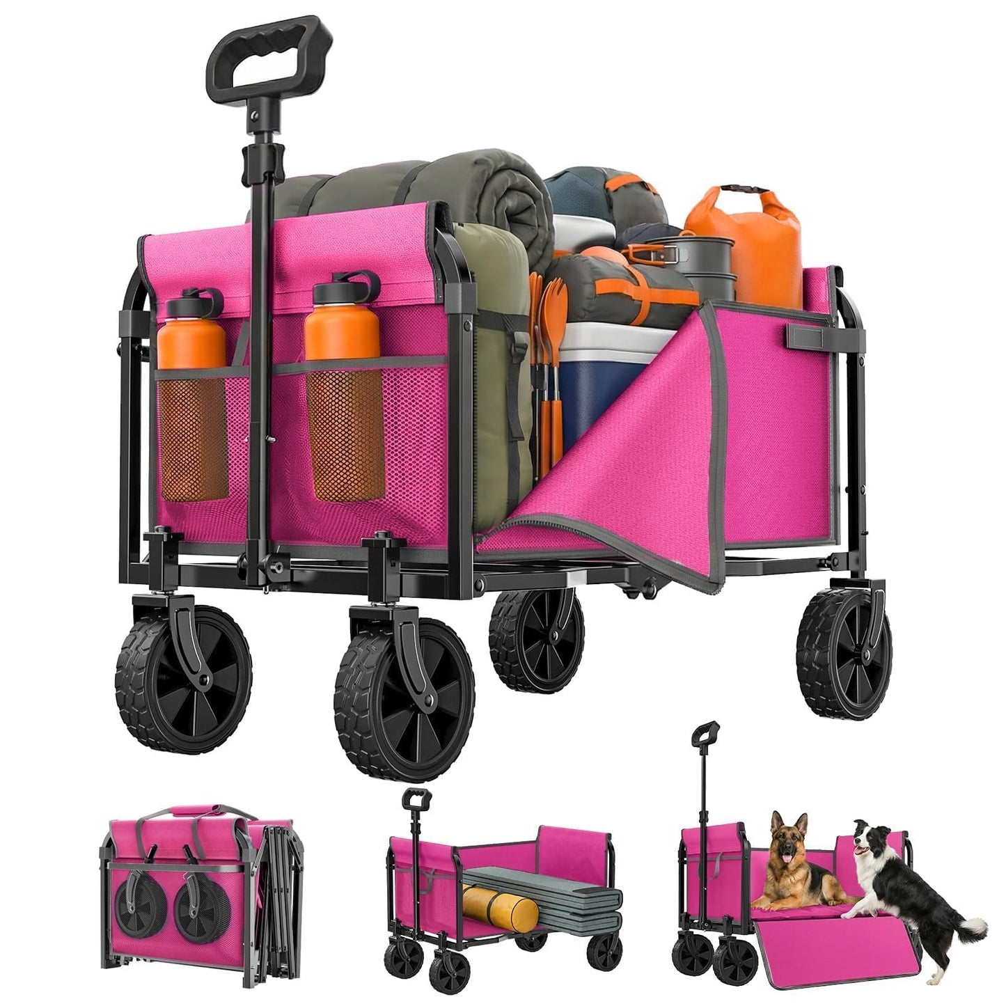 Holacamking Portable Collapsible Wagon Cart, Foldable Cart with Removable Side, Utility Groceries Wagon for Dogs Cats Camping Beach Shopping Sports Gardeing Fishing, Pink