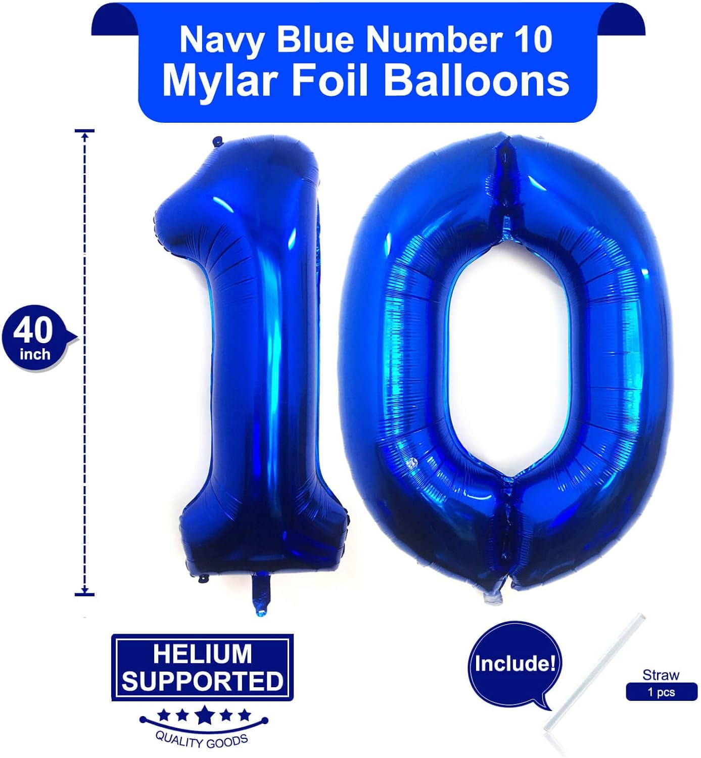 Skiennix 40-Inch Navy Blue Number 10 Balloons - Giant 10th Birthday Party Decorations
