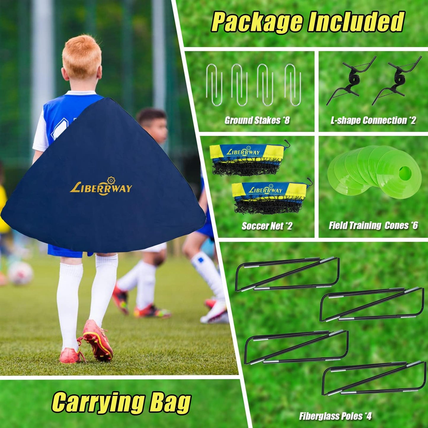 LIBERRWAY Soccer Goal 4'x 3' Portable Kids Soccer Goals for Backyard or Indoor Pop Up Soccer Net with 6 Training Cones, Carrying Bag, 8 Ground Stakes