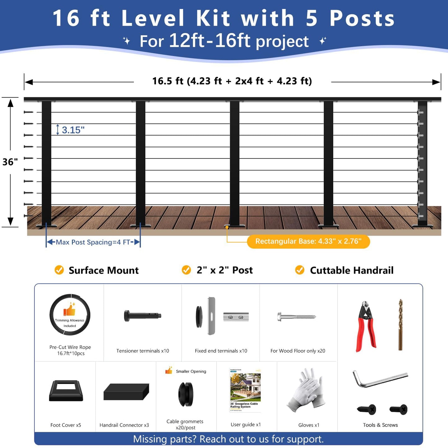 Zylorix 36" Swageless 12-16FT Black Complete Cable Railing System Post Kit with Handrail Cuttable, T304 Stainless Steel, Modular Pre-Cut 1/10" Cable Railing Kit with Level Post Easy DIY for Deck Porch