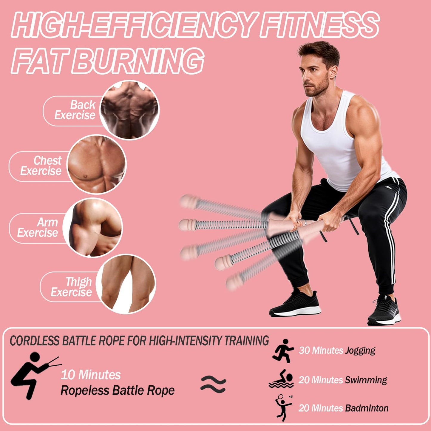 Upgrade Portable Ropeless Battle Ropes - Adjustable Weights Cordless Battle Ropes for Home Gym with Training Poster - Battle Rope Sticks Exercise Equipment for Low-Impact Workout, HIIT & Cardio - Pink