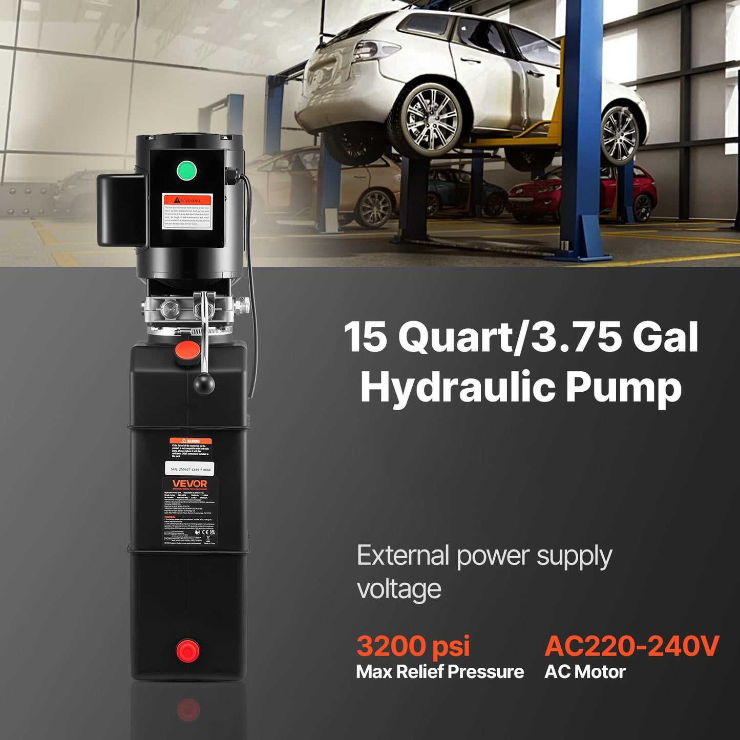 Vevor Hydraulic Pump 15 Quart Hydraulic Motor Hydraulic Lift Single Phase Car Lift 3450 RPM Dump Trailer 208-230 Volt Portable Car Lift 2 Horsepower Auto Lift Vehicle Lift Portable Power Press