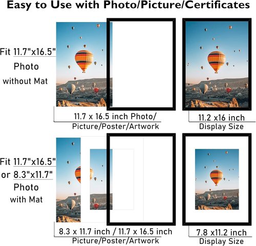 JCJMY A3 Black Picture Frame - Versatile Display for 8.3x11.7 with Mat or 11.7x16.5 Without Mat