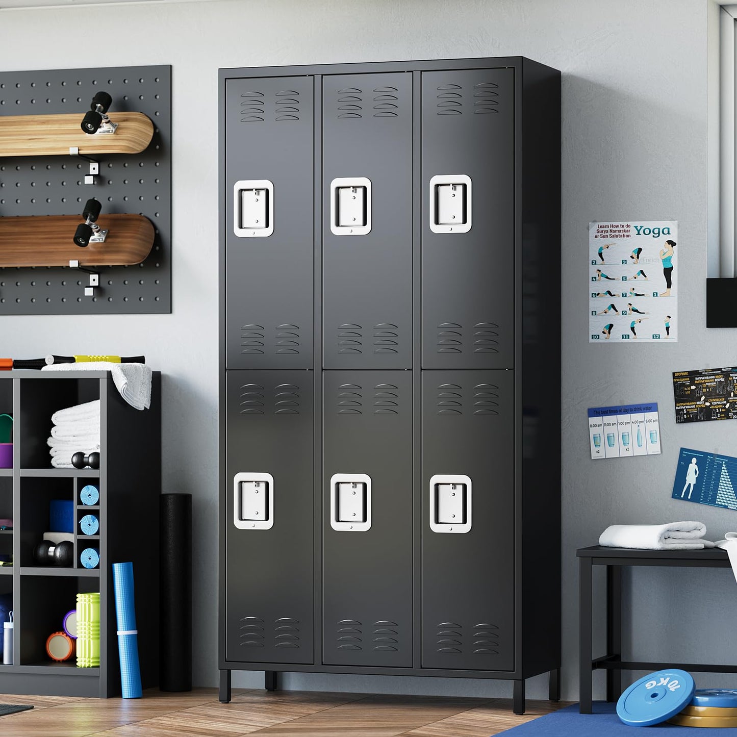 72" Industrial-Grade 9-Door Steel Storage System - 9 Shelves + 29 Multi-Purpose Hooks, Modular Locker Cabinet for Warehouse/School/Home Gym (Reinforced Steel Frame + Anti-Slip Base Plates) - Black