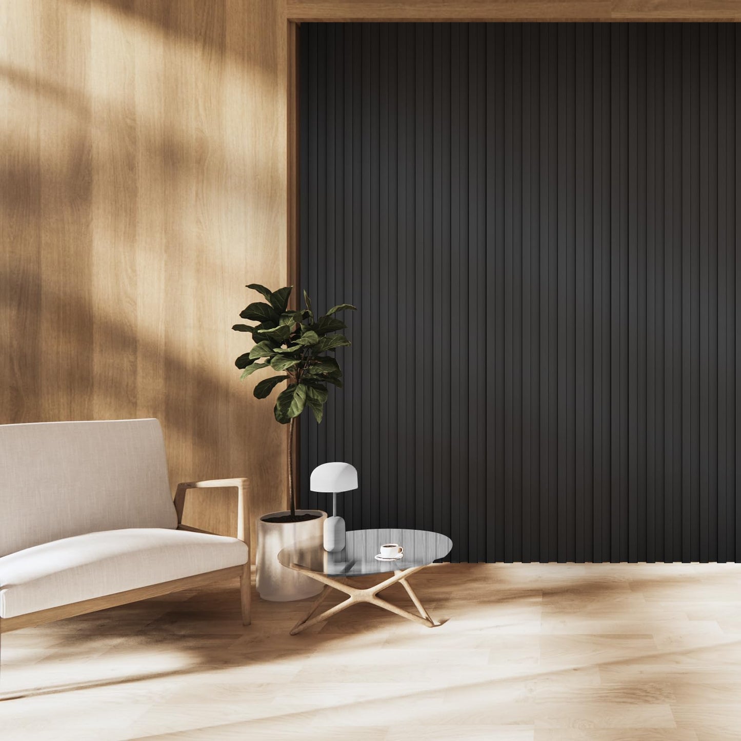 OUZUGIE WPC Acoustic Slat Wall Paneling, 8-Pack 96 x 6 Inches 3D Wall Panels for Interior Wall Decor,Living Room,TV Background,Study Room,Office Spaces,Bedroom,High Grille (Black)
