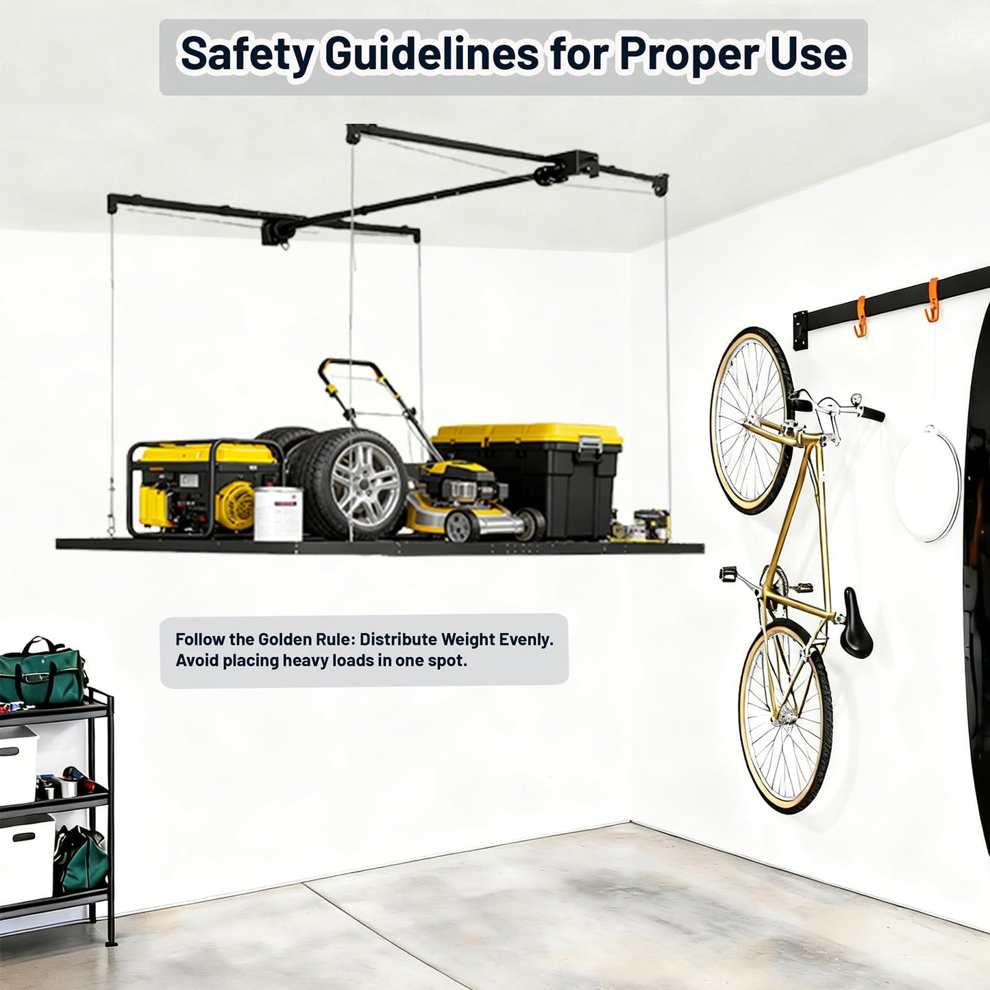 Overhead Garage Storage Lift-4x8 FT Overhead Garage Storage Rack, with Safety Lock, Heavy-Duty Adjustable Ceiling Storage 325 lbs Capacity Suitable for Tools Kayaks Ladder Storage Racks（Black）
