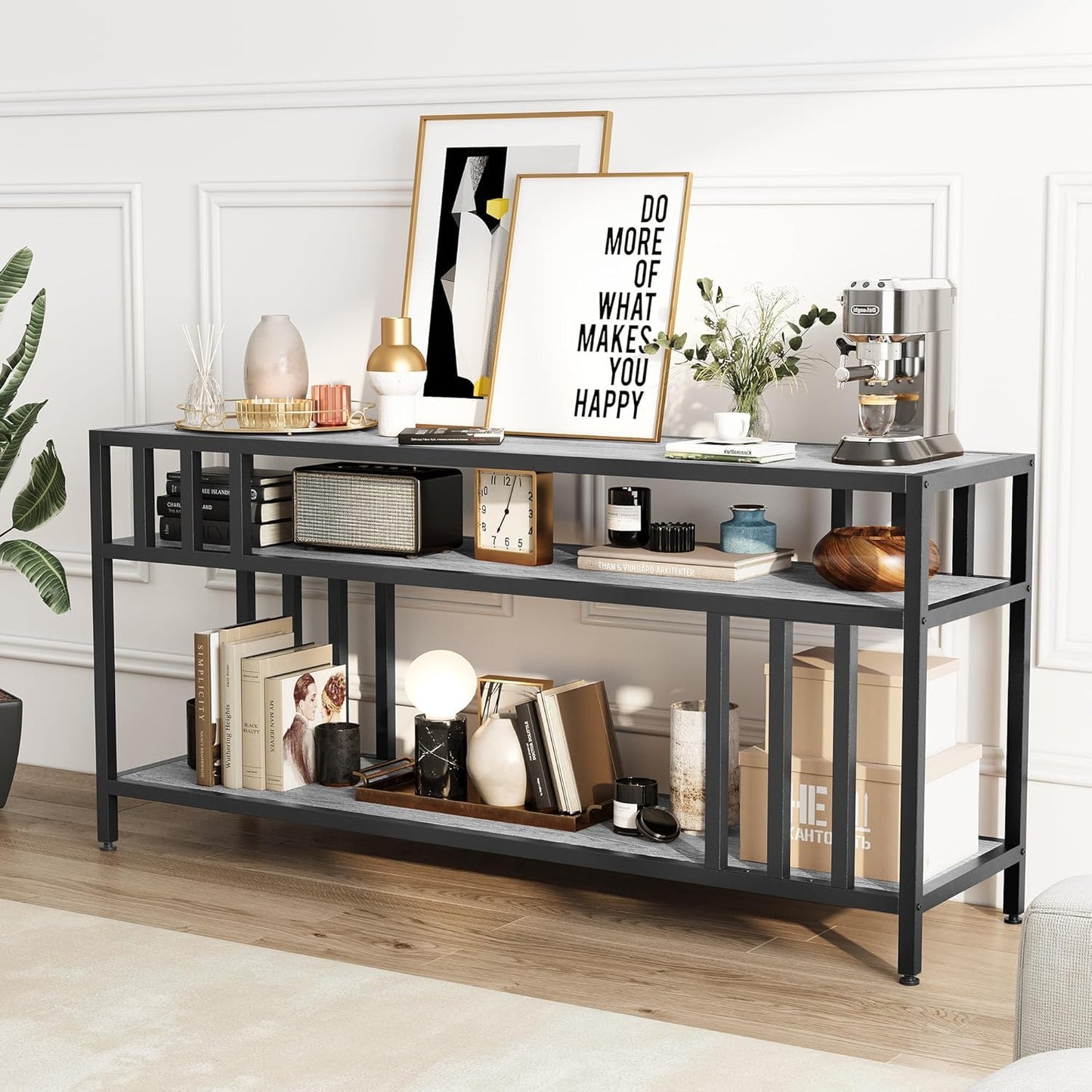 GarveeTech 58'' TV Stand Fits TV up to 65'', TV Media Console with 3-Tier Open Storage Shelves, Industrial Entertainment Center with Quadruple-Tube Support for Living Room, Gray