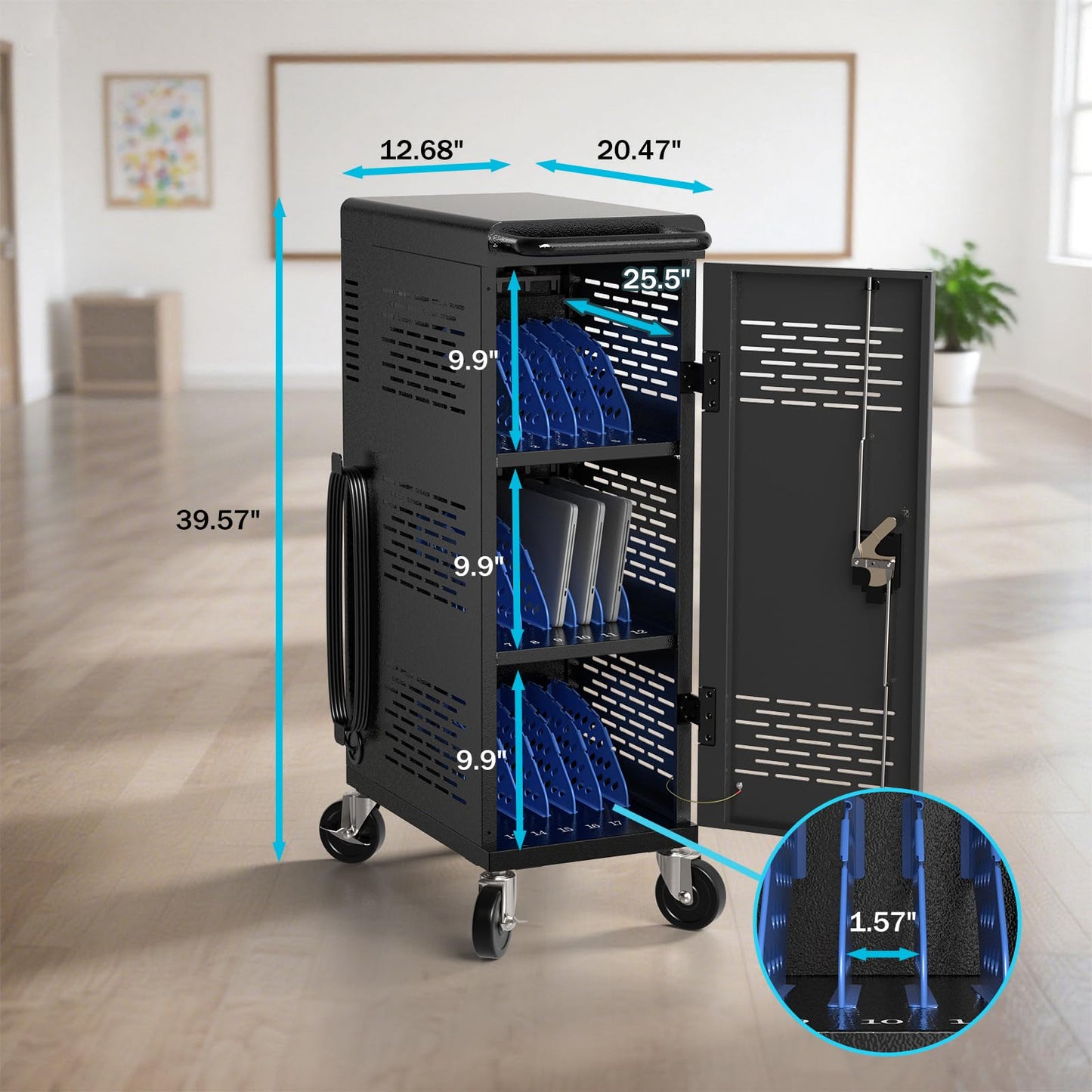 Fully Assembled 18-Device Charging Cart for Chromebook - Locking Laptop Cabinet with Cable Management, Cord Organization, Power Strip - Locks and Stores Tablets up to 14'' and 1.4'' Thick (Black)