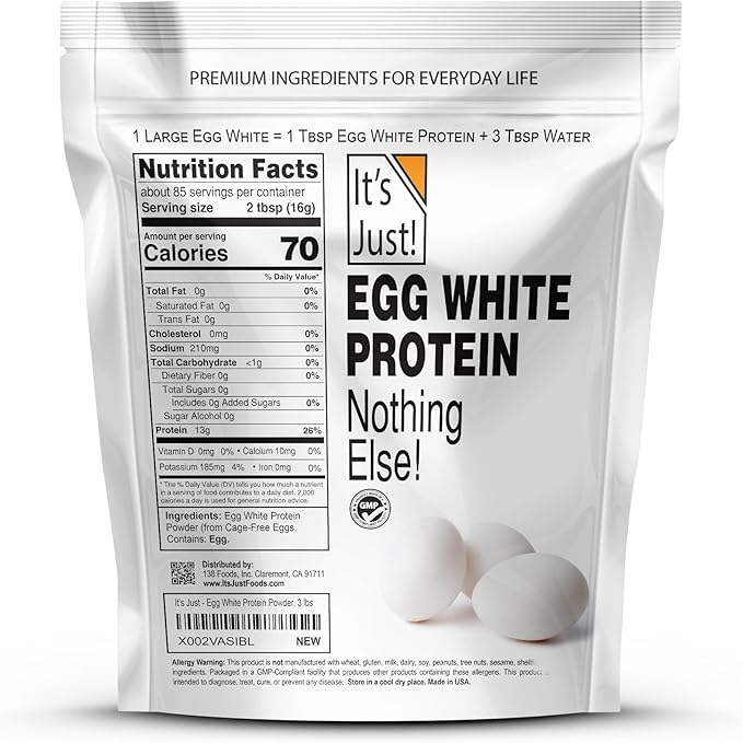 It's Just! - Egg White Protein Powder, Made in USA, Dried Egg Whites (Unflavored, 3lb)