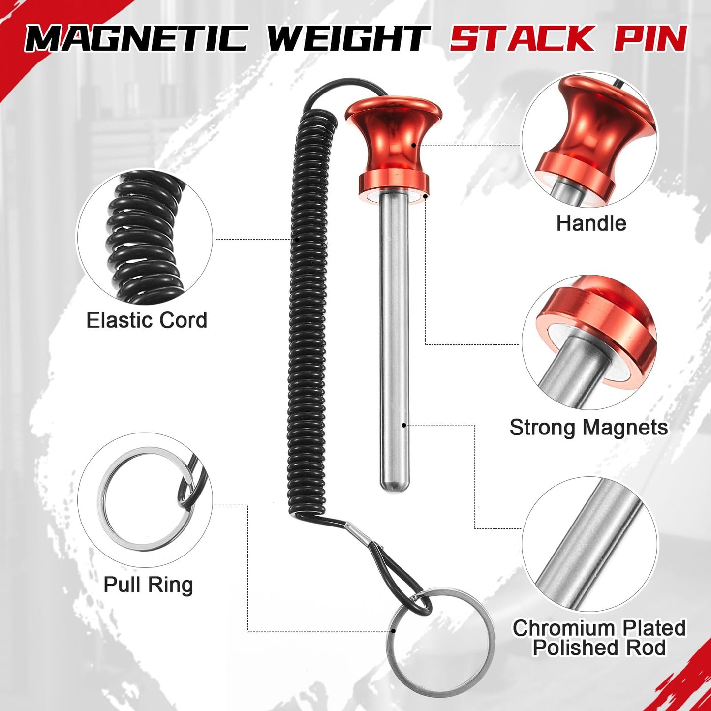 Lasnten 6 Pcs Weight Stack Pin Magnetic Universal Gym Weight Pin 0.4 inch Drop Set with Pull Rope for Plate Apertures Above 10.5 mm Heavy Duty (Red)