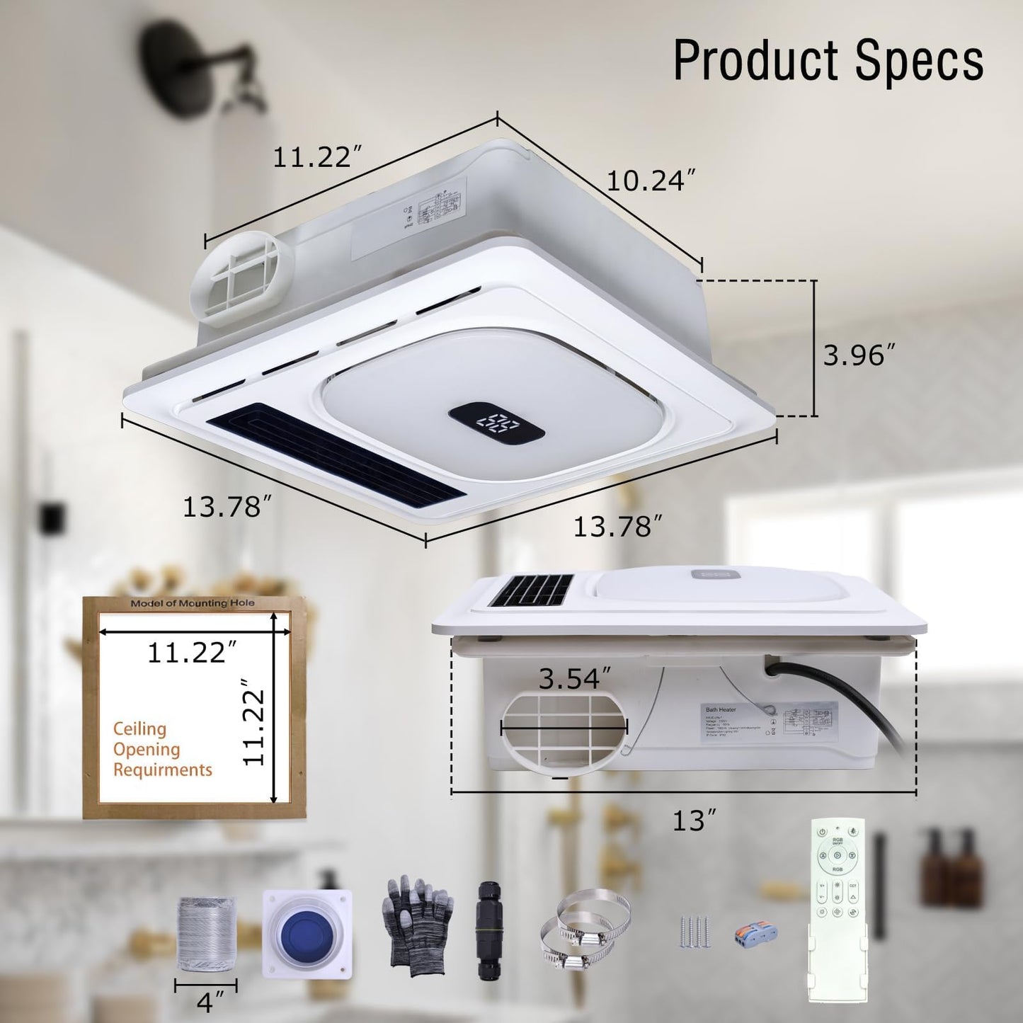 Plutoslove Bathroom Exhaust Fan with Bluetooth Speaker & Heater 1800W for Bathroom, 180 CFM, Quiet 1.0 Sone, 3CCT & Nightlight, 2 Heat Levels, 7 RGB Mode, Remote Control, Ceiling Mount, FCC Certified