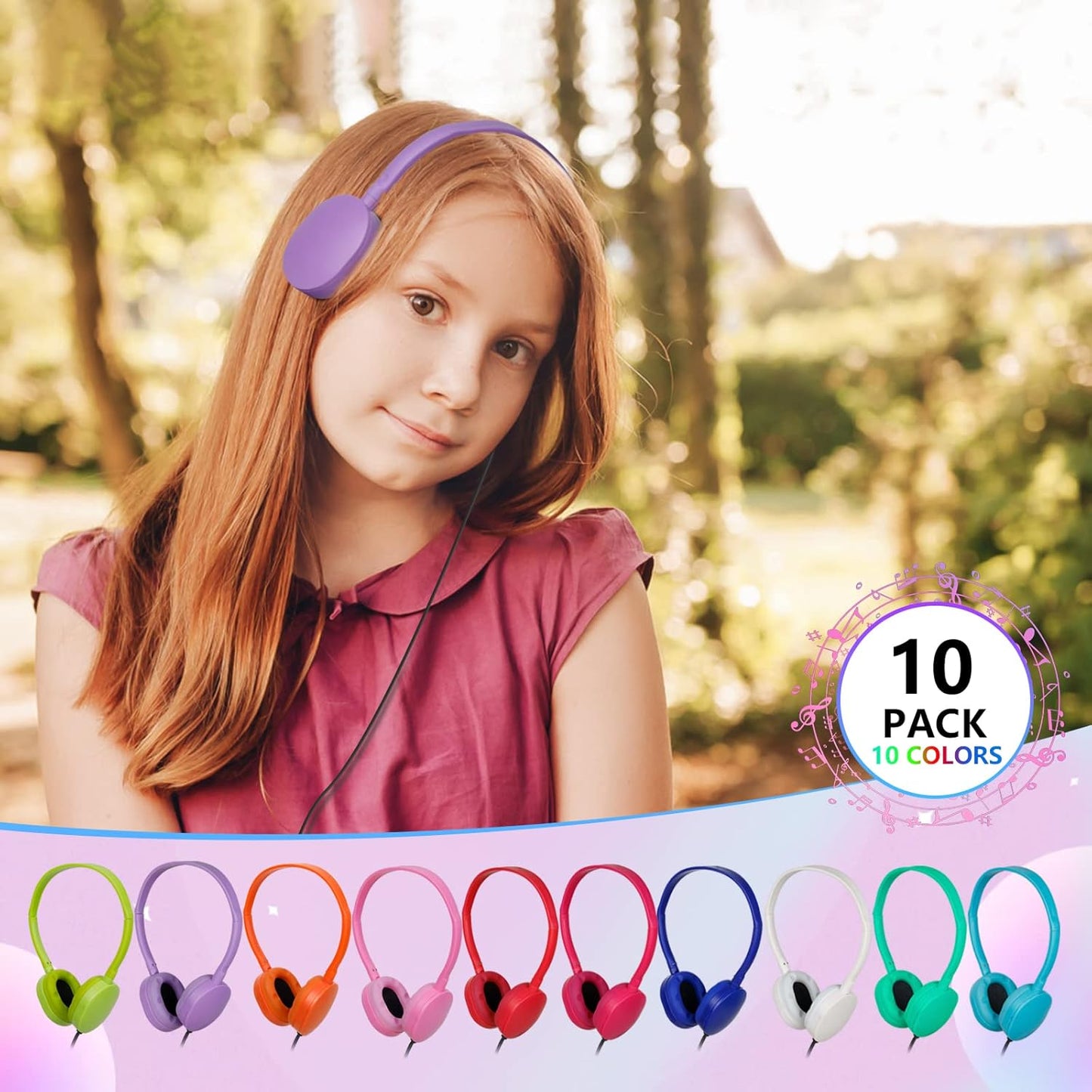 10 Pack 3.5mm (10 Headphones for Kids School Classroom Bulk Multi Colored,Wired Adjustable Student Headphones with Plug