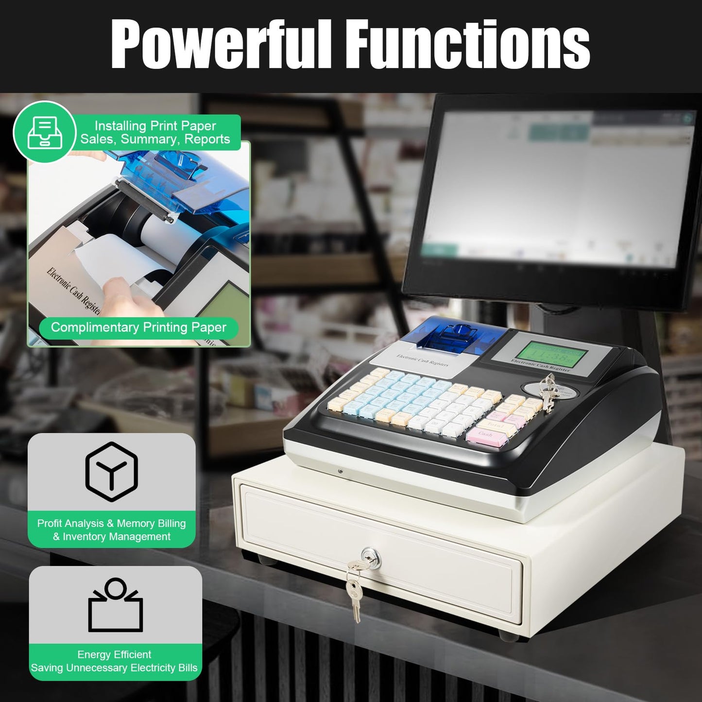 48-Key Electronic Cash Register System – Thermal Printer, Cash Drawer, LCD Displays – Secure Offline POS for Retail, Restaurant, Grocery Store, USB RS232 Connectivity (Black)