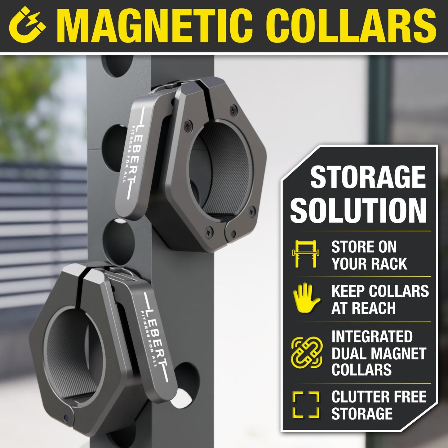 Lebert Fitness Magnetic Black Barbell Collars 2” Olympic – Locking Weight Clamps, Quick Release Barbell Clips, Secure Grip Gym Collars.