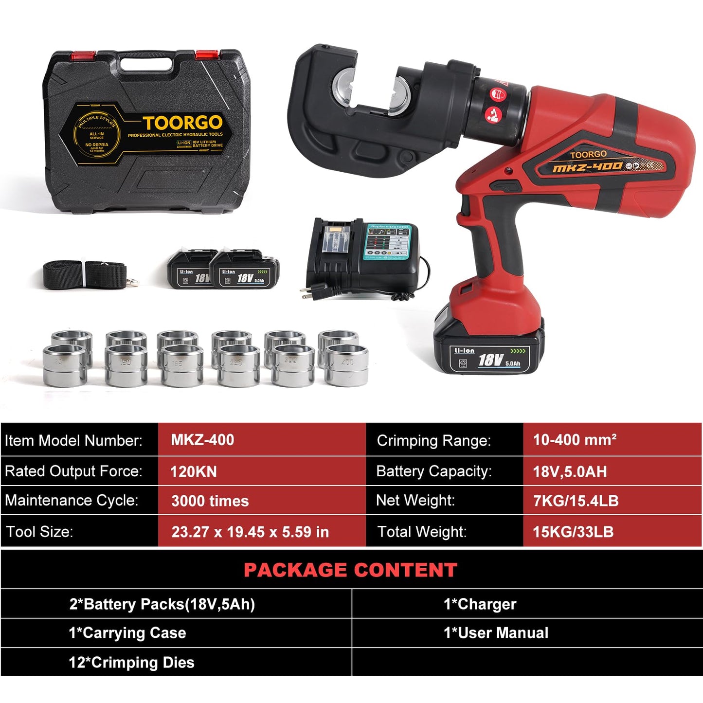TOORGO Electric Crimping Tool,12 Ton 6AWG-800MCM Rechargeable Cable Crimper for Al/Cu Terminals, Wire Crimping Tool Kit with 13 Dies and Batteries,Red